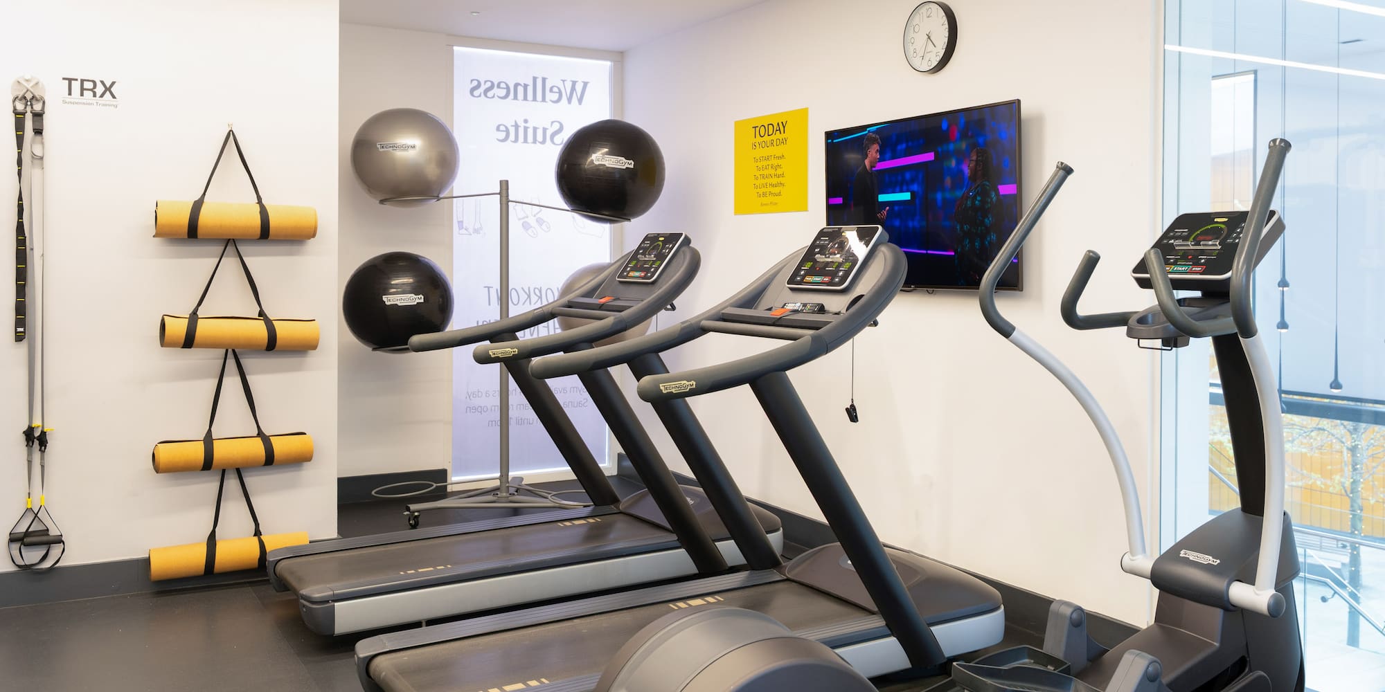 Wellness suite with Technogym treadmills, elliptical, TRX, and yoga mats.