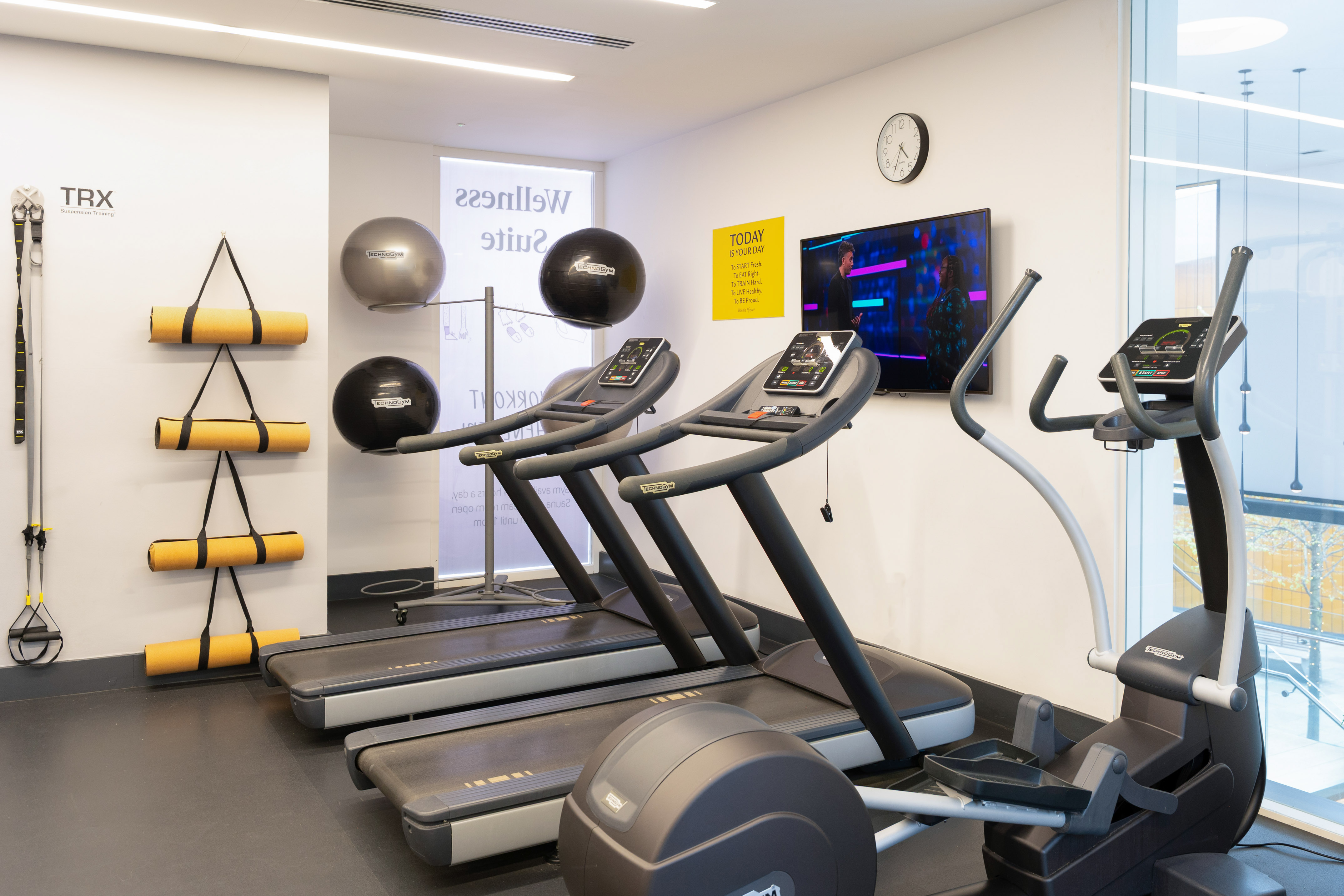 Wellness suite with Technogym treadmills, elliptical, TRX, and yoga mats.