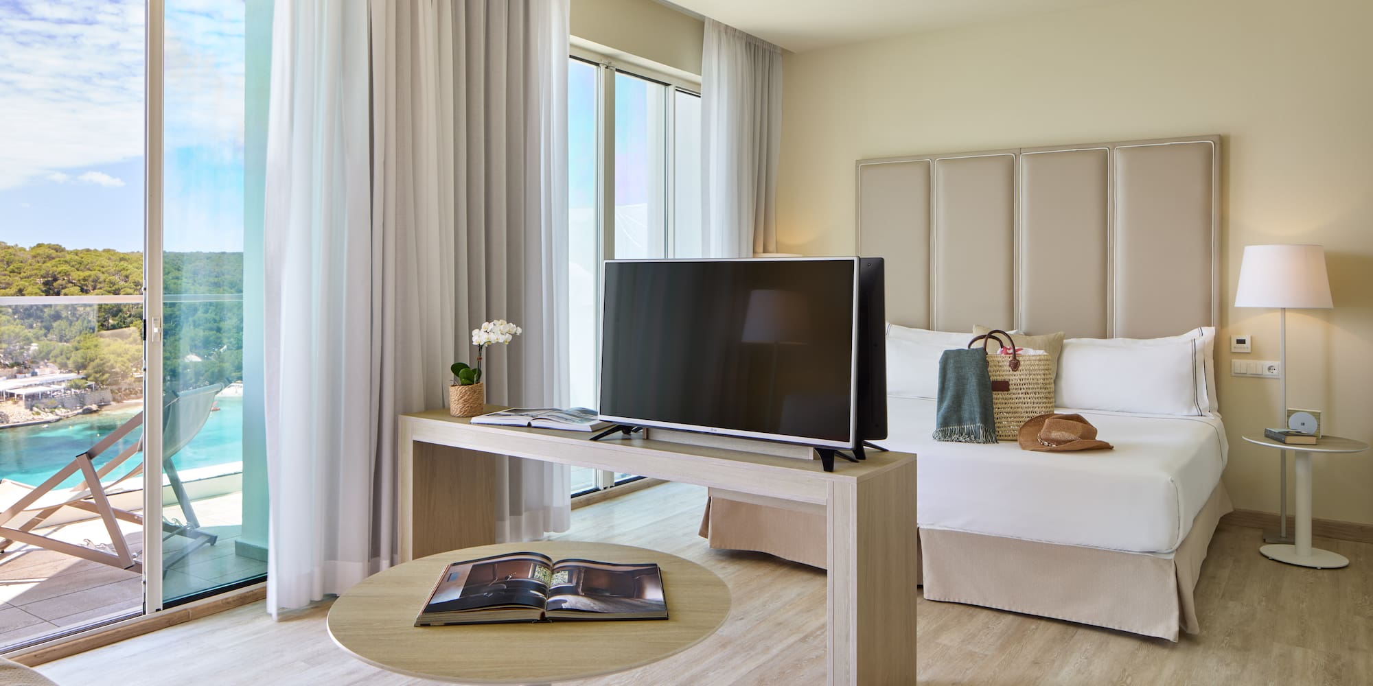 a room with a television and a table