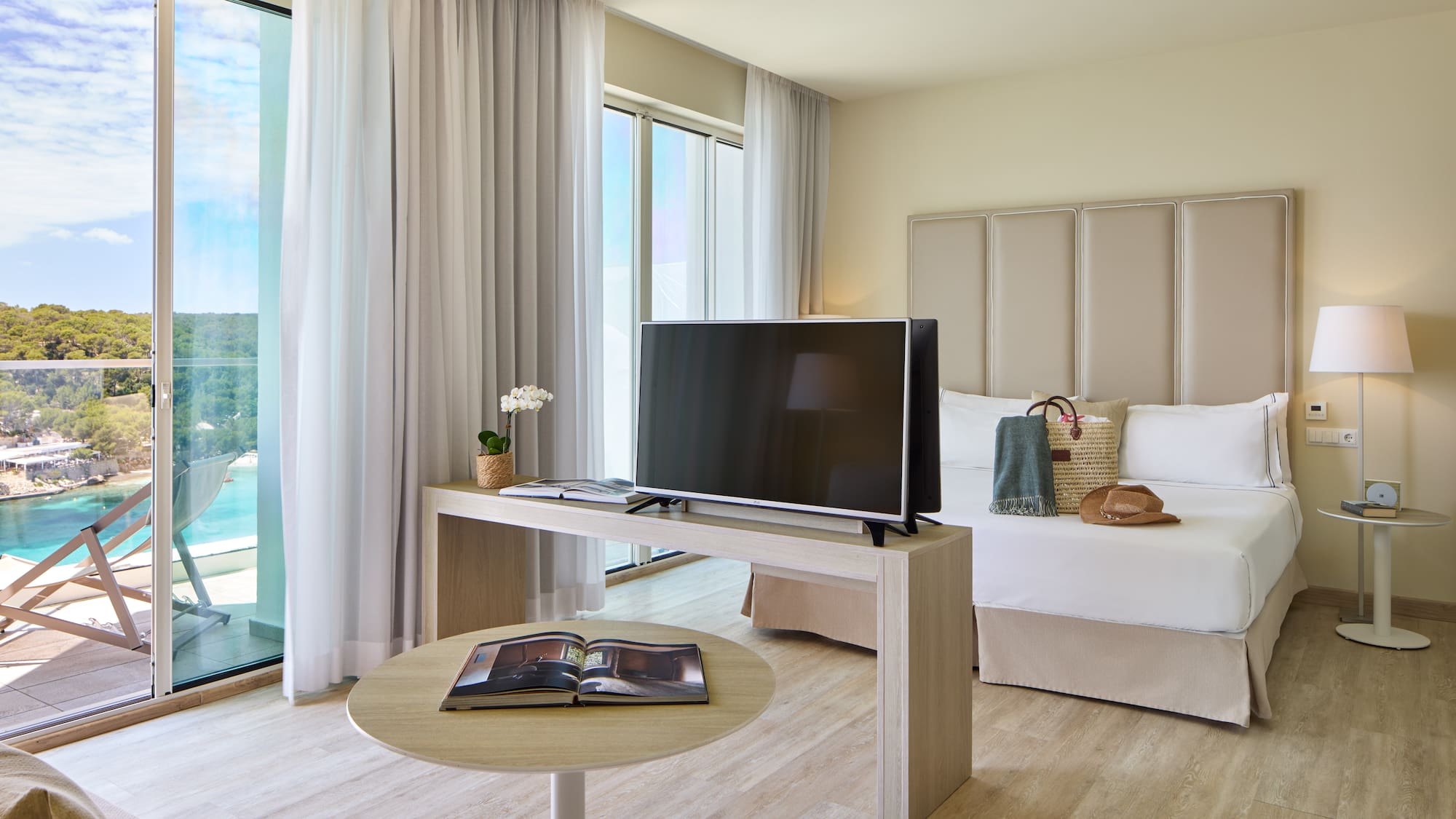 a room with a television and a table