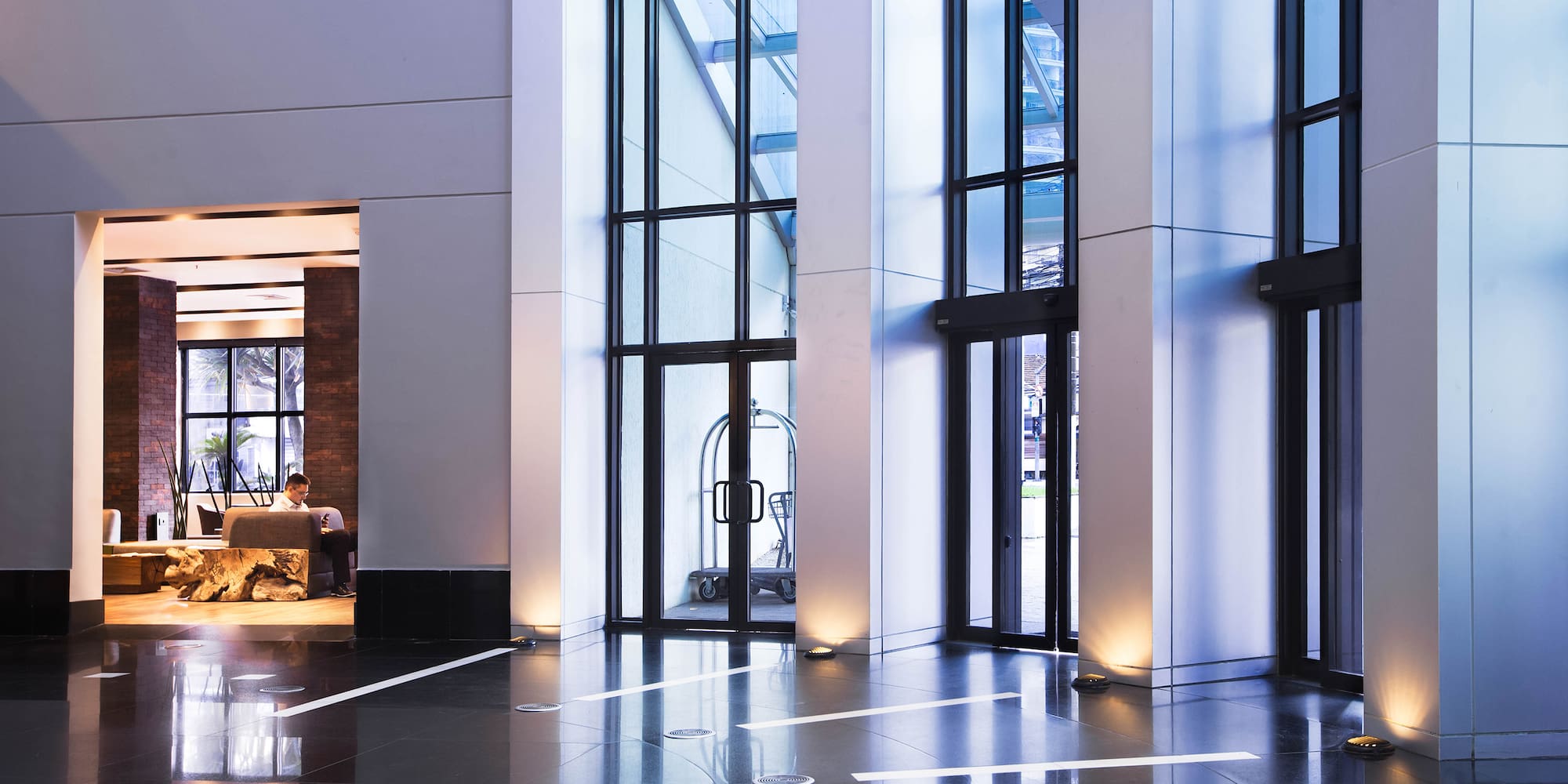 a large glass doors in a building