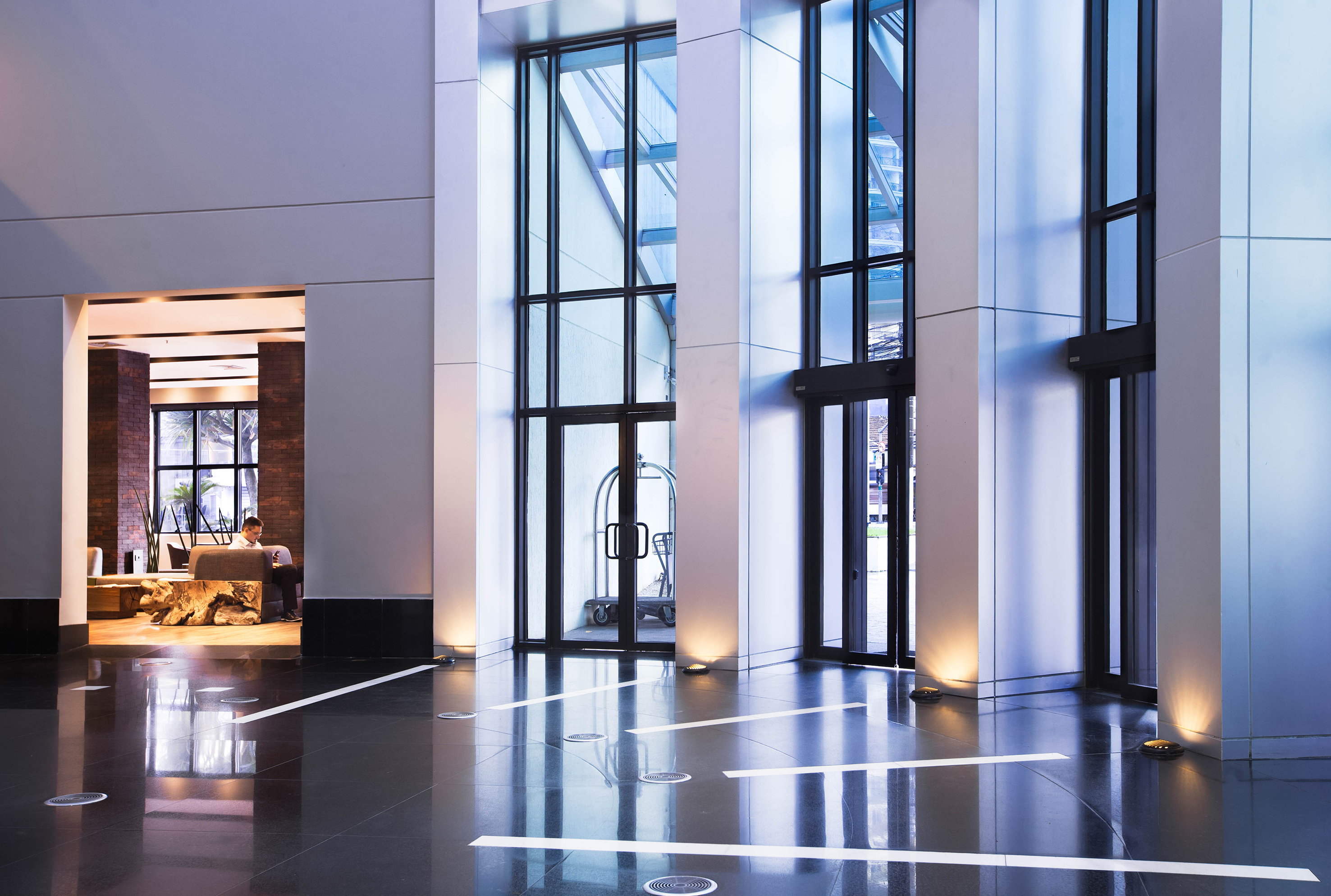 a large glass doors in a building