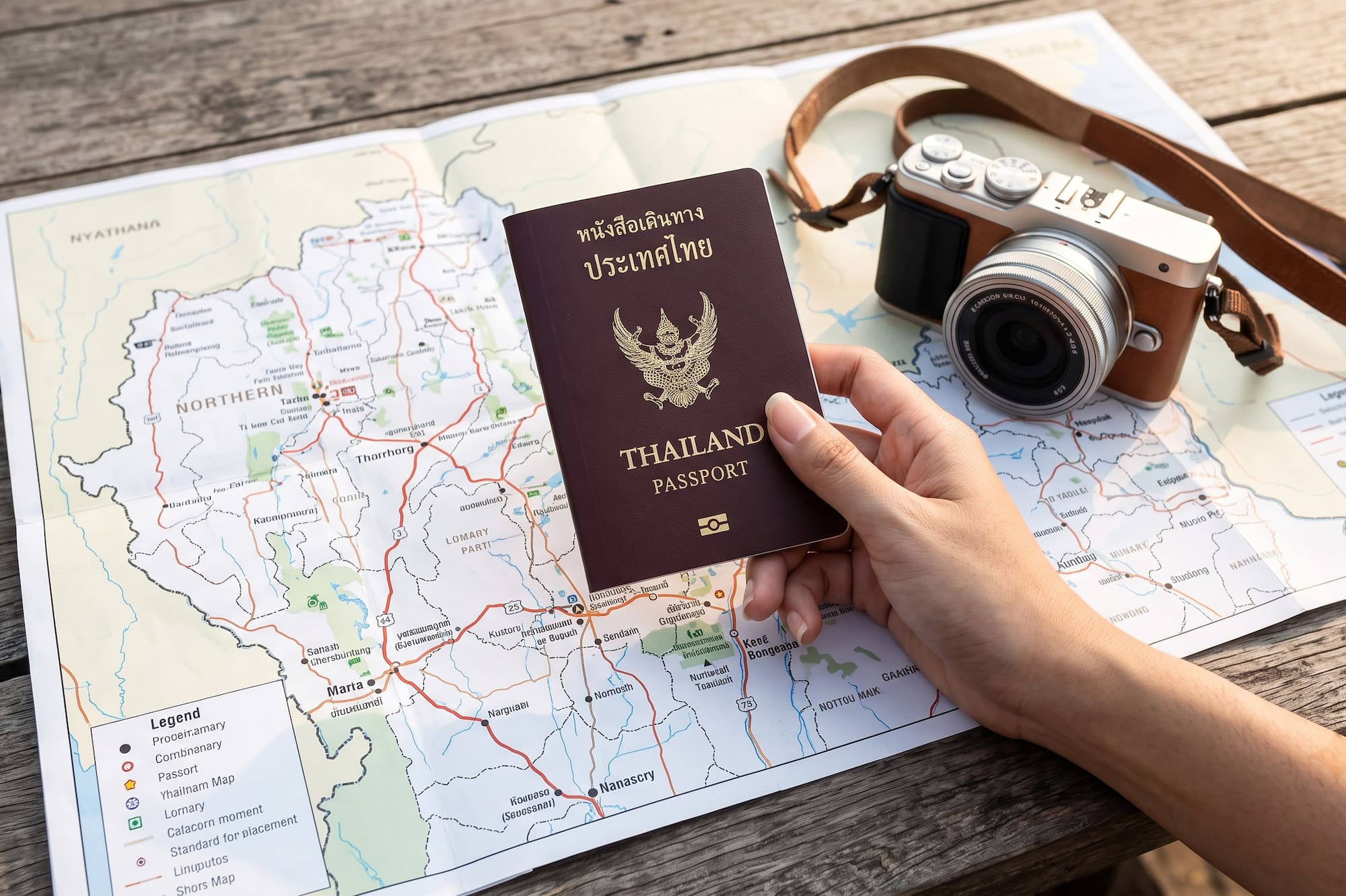 Thailand passport, travel map, and camera for vacation planning.