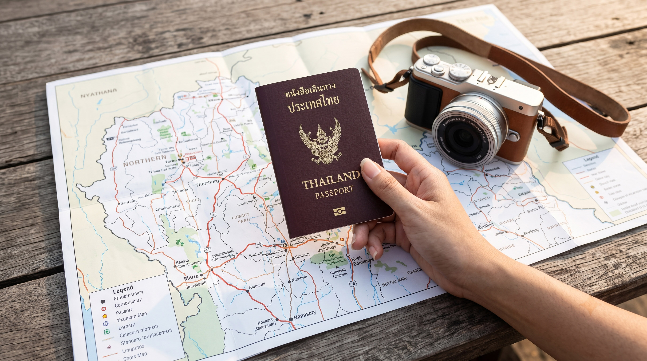 Thailand passport, travel map, and camera for vacation planning.