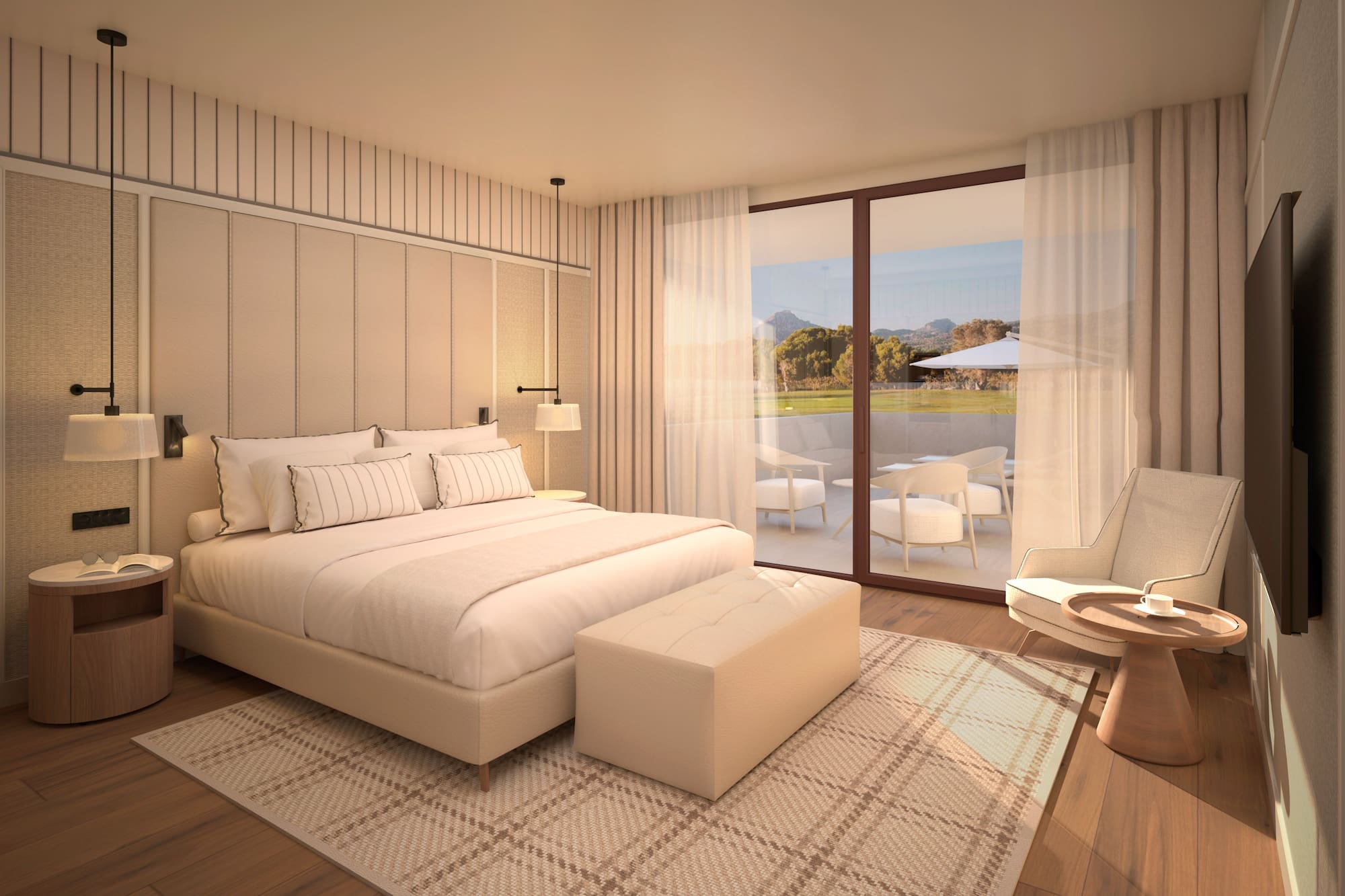 Dormitorio moderno en tonos neutros con cama grande y balcón con vistas. - Deluxe Room con Solárium - Hotel Golf Santa Ponsa Meliá Collection, Mallorca