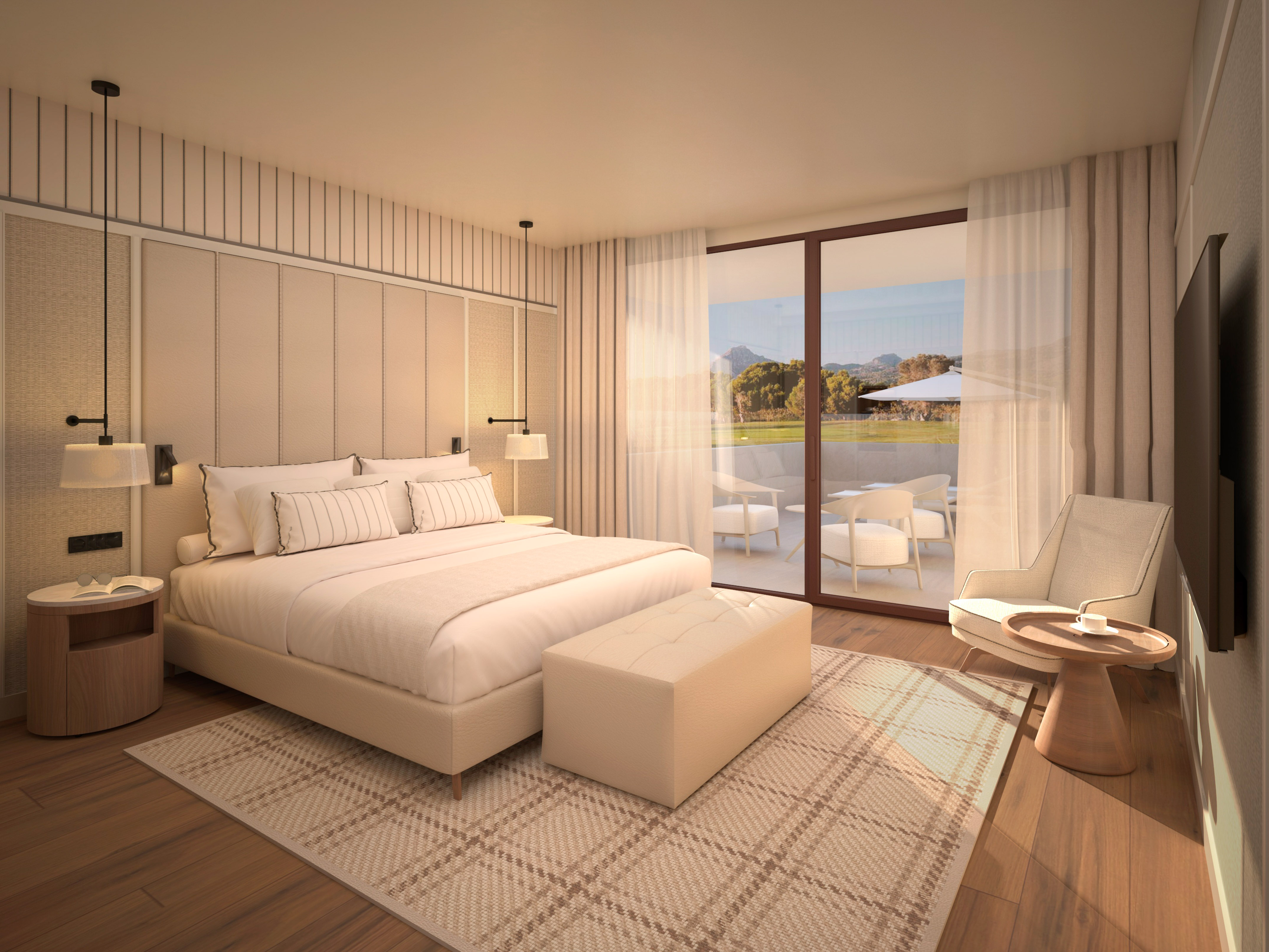 غرفة نوم عصرية بألوان هادئة ونوافذ زجاجية تطل على الطبيعة - Deluxe Room مع تشميس - Hotel Golf Santa Ponsa Meliá Collection, مايوركا
