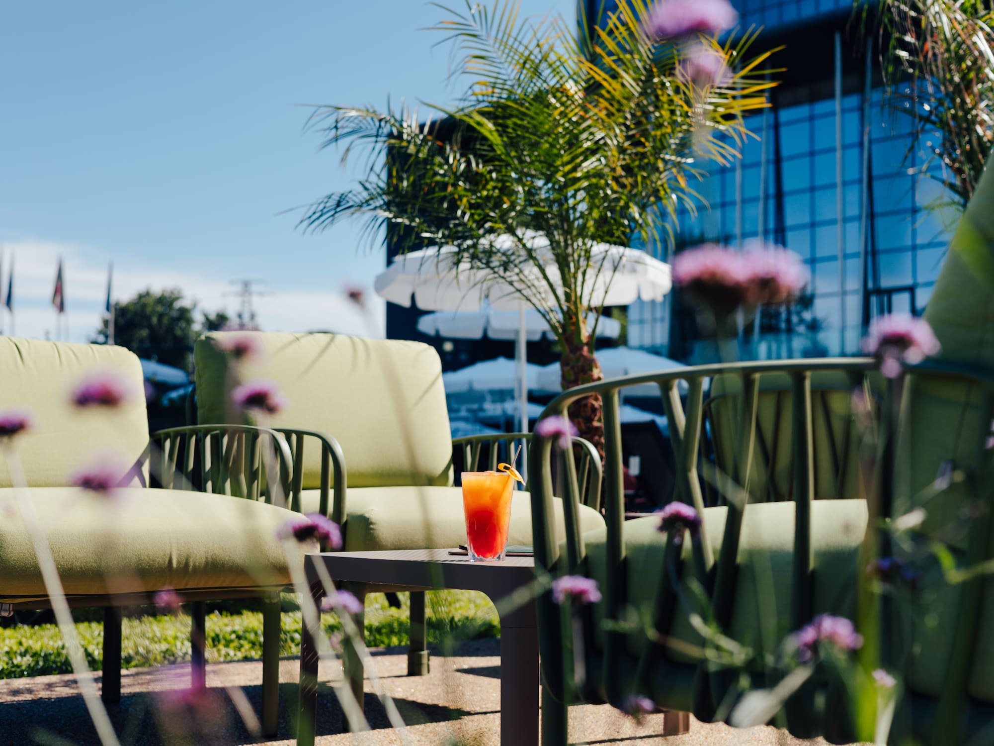 Outdoor cocktail lounge with green patio chairs, palm, and modern building.
