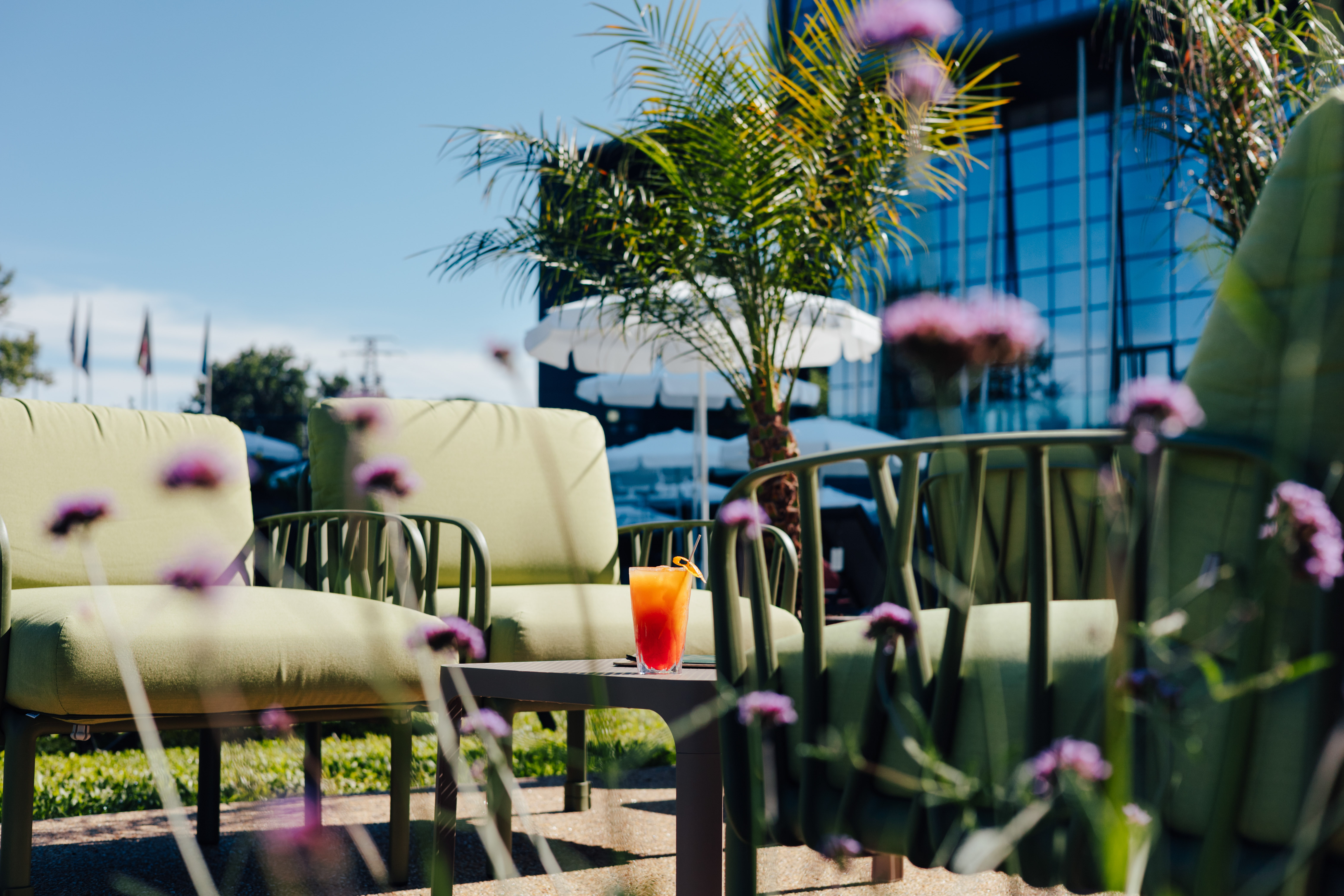 Outdoor cocktail lounge with green patio chairs, palm, and modern building.