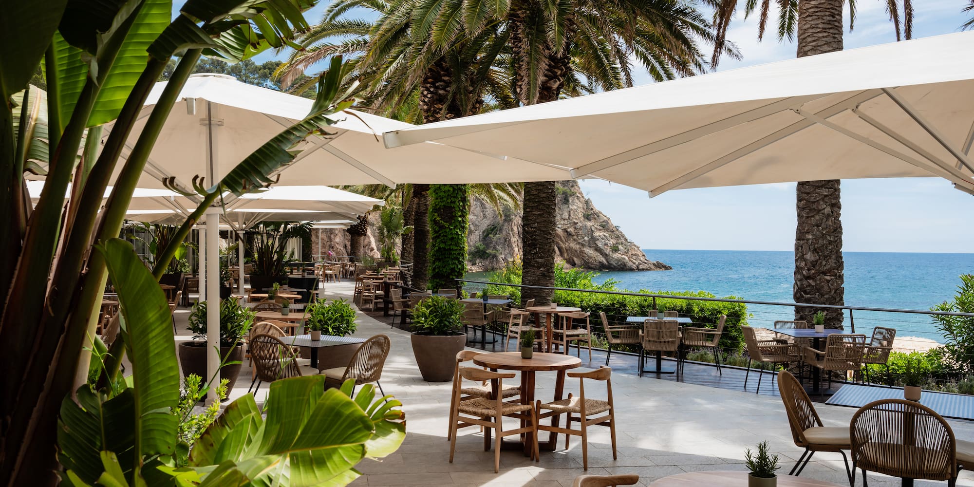 a patio with tables and chairs and umbrellas and palm trees