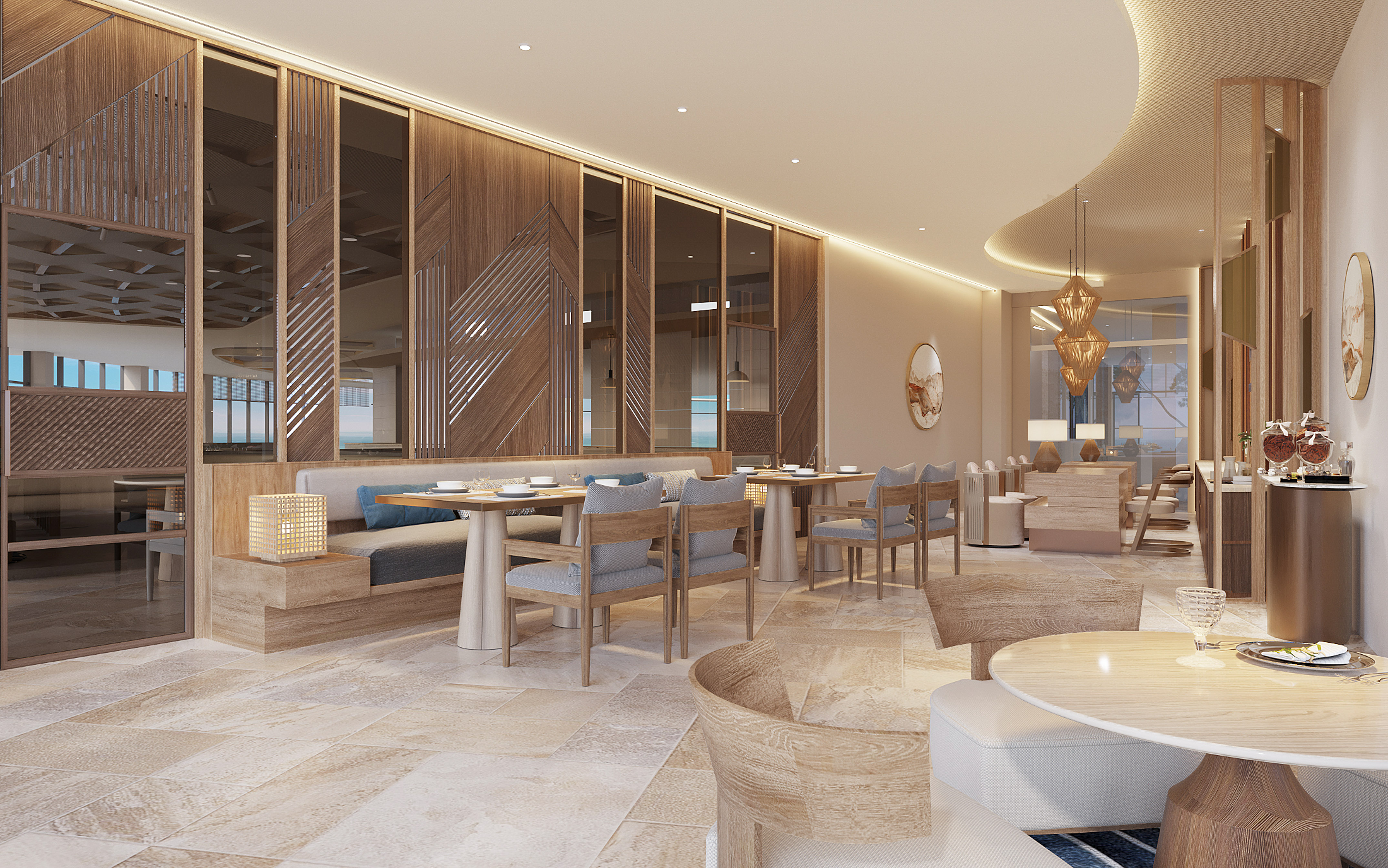 Modern restaurant dining room with geometric wood panels and booth seating.