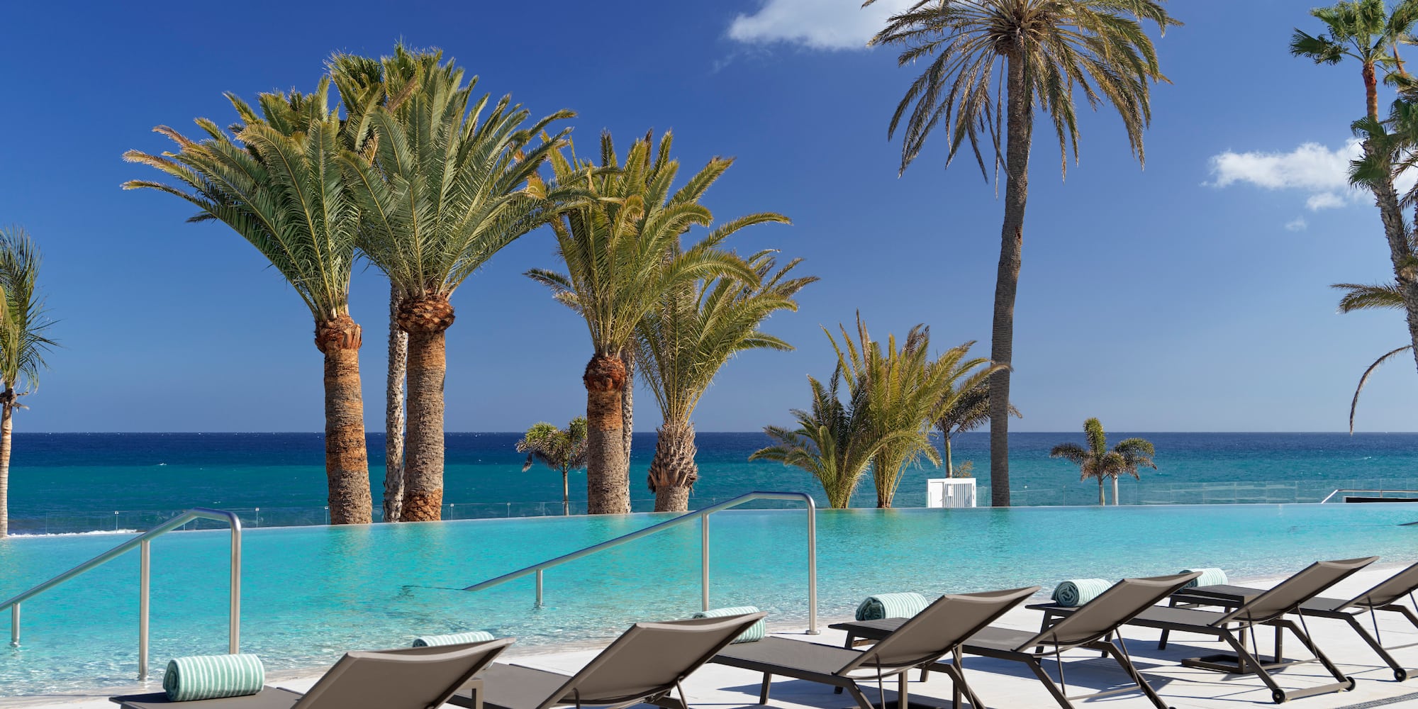 a pool with lounge chairs and palm trees
