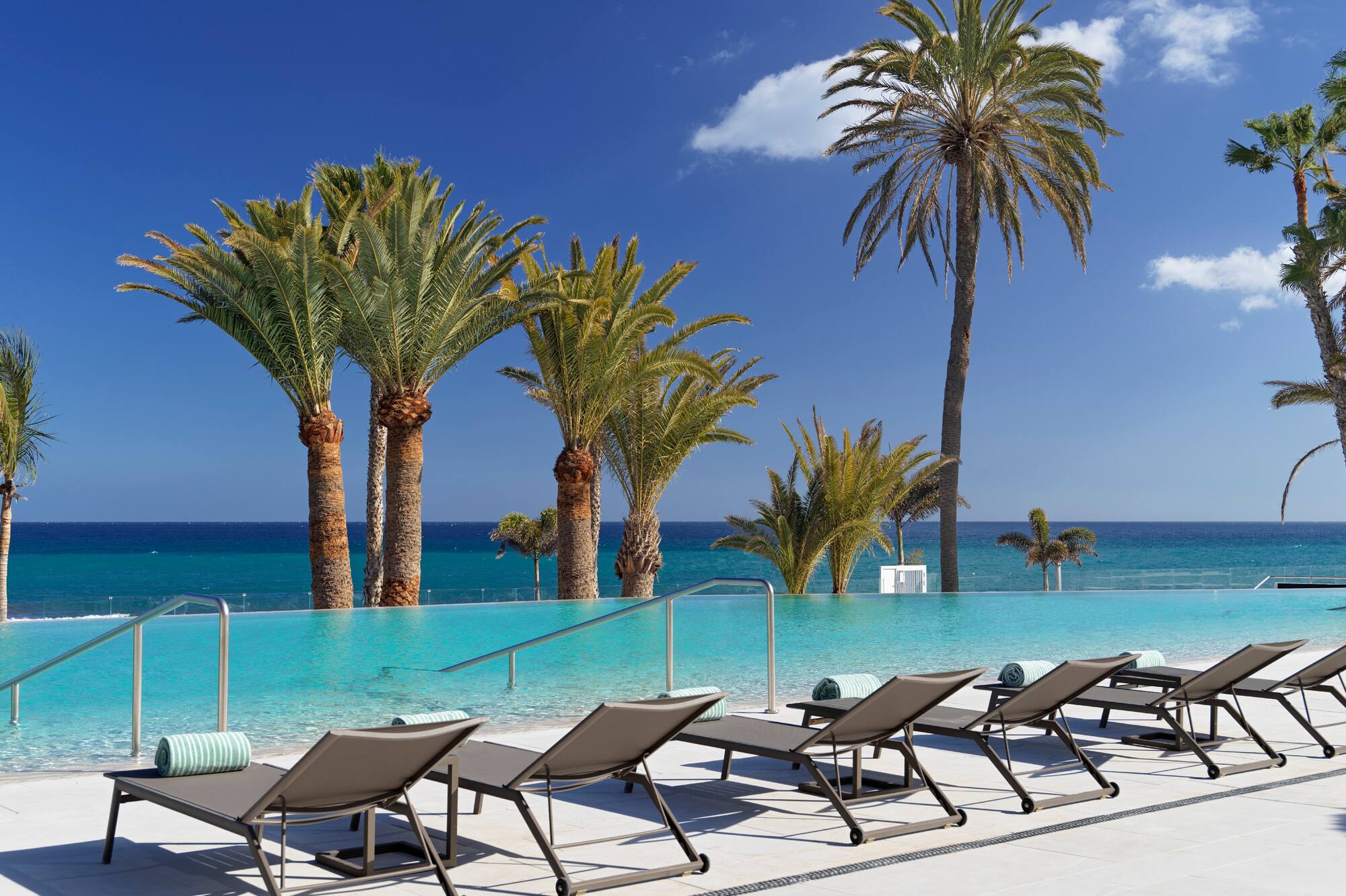 a pool with lounge chairs and palm trees