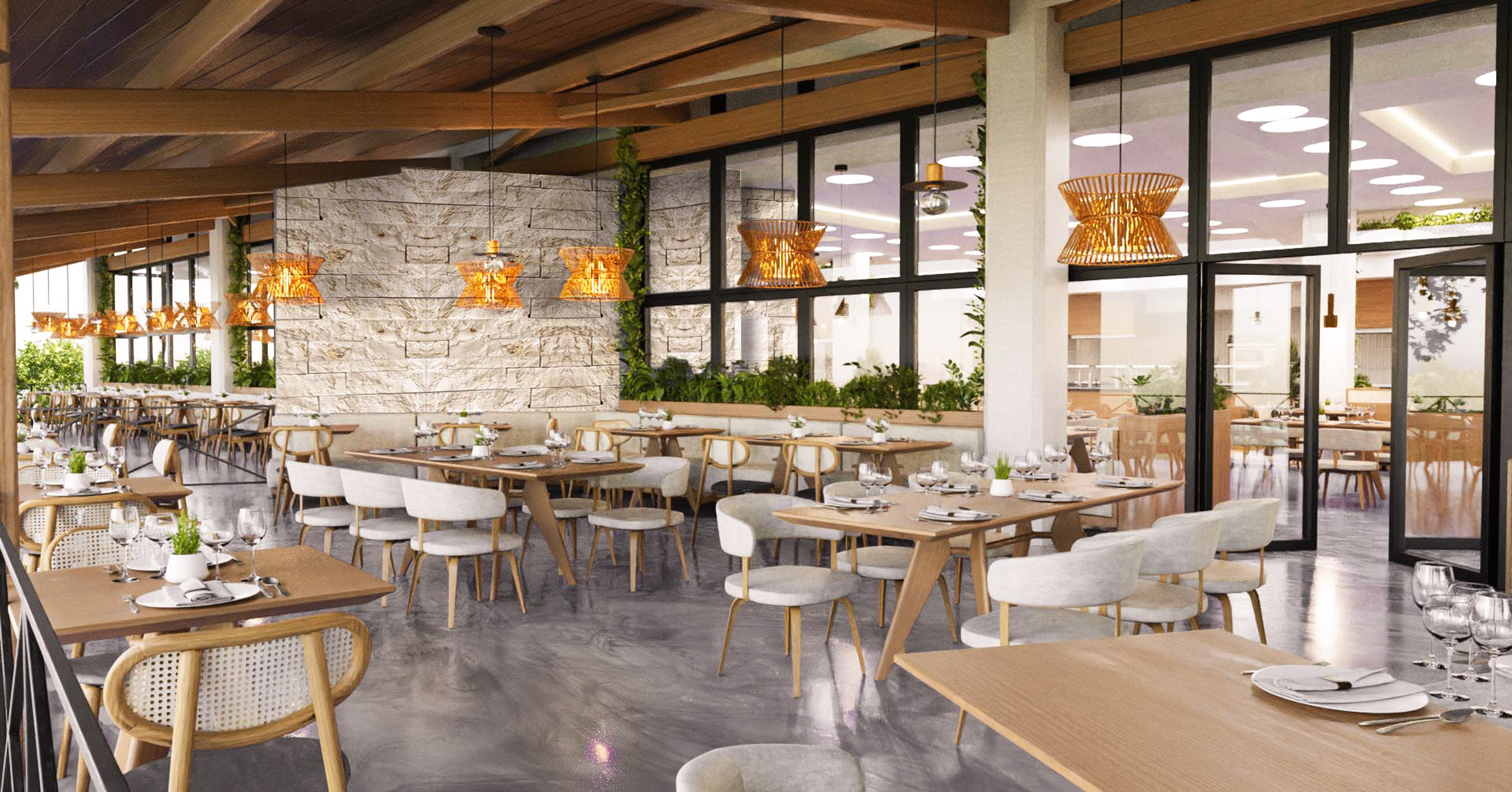 a restaurant with tables and chairs