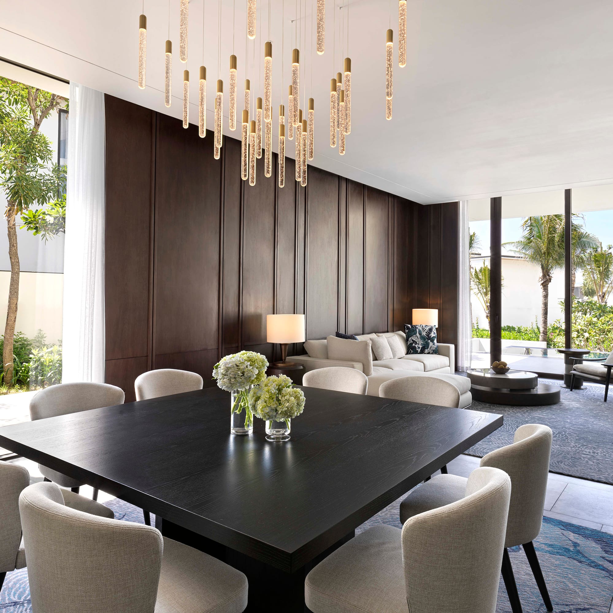 a room with a table and chairs