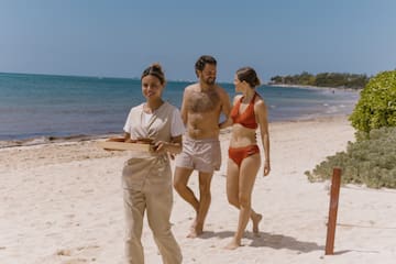 a group of people walking on a beach