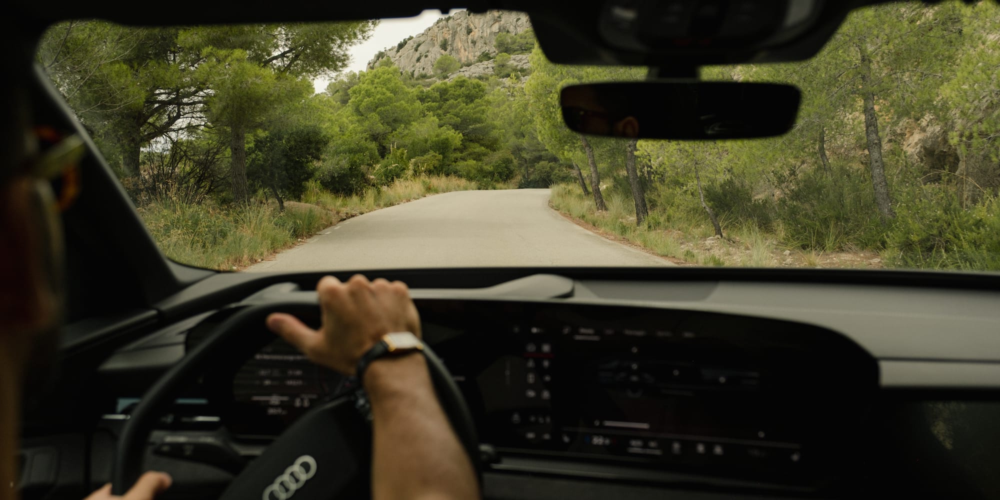 Driving Audi on scenic mountain road through green forest.