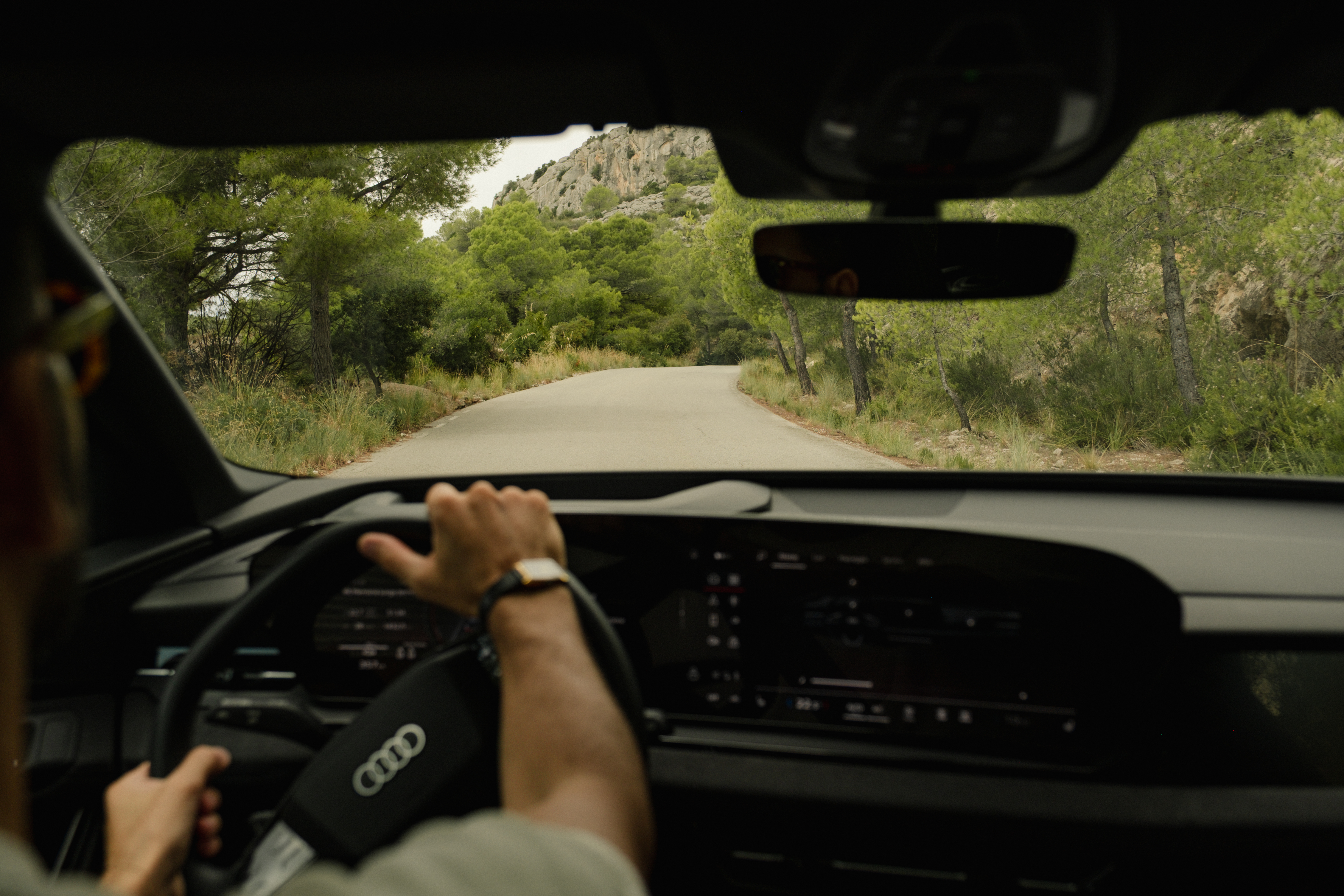 Driving Audi on scenic mountain road through green forest.