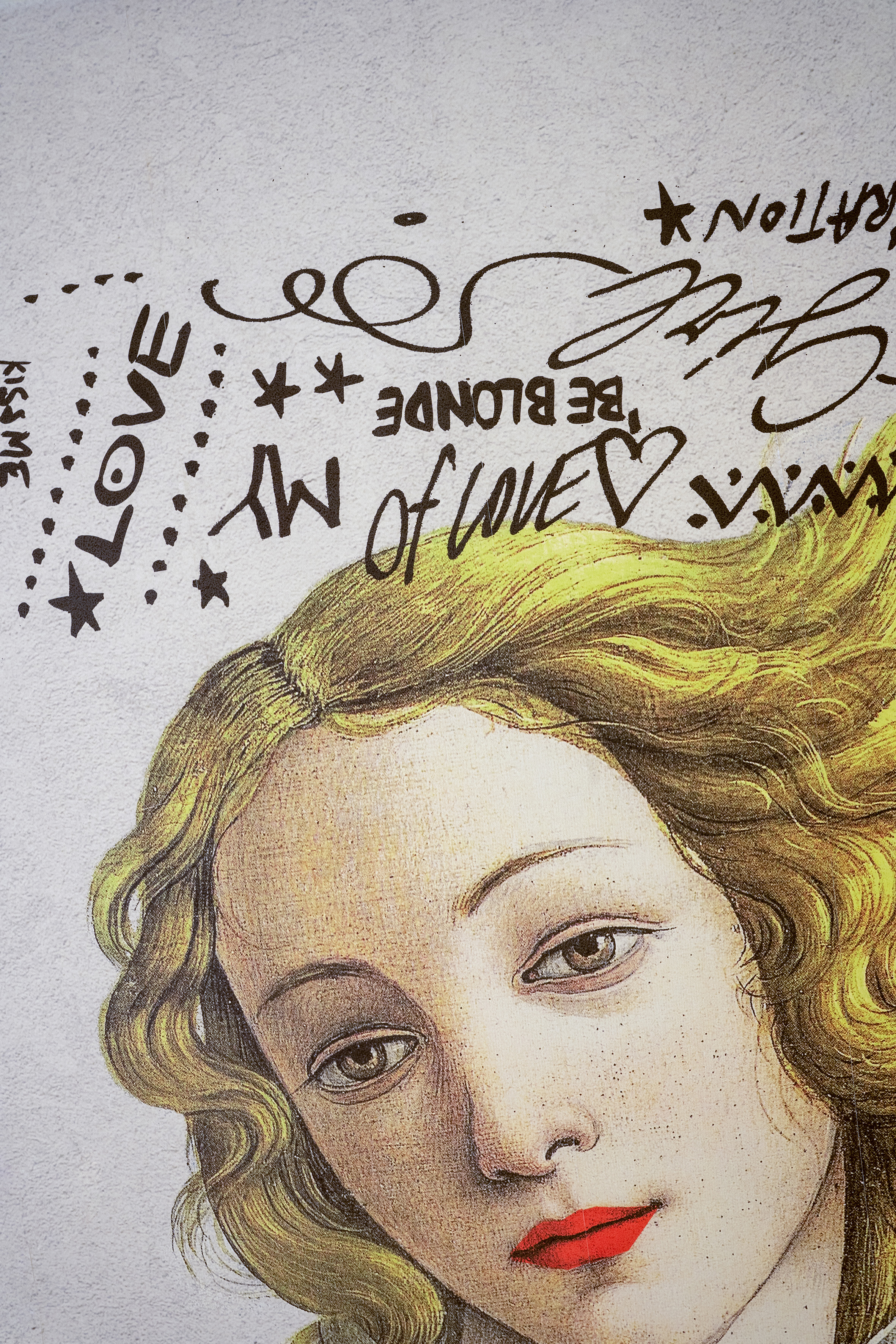 Pop art Botticelli Venus illustration with blonde hair, red lips, and graffiti text.