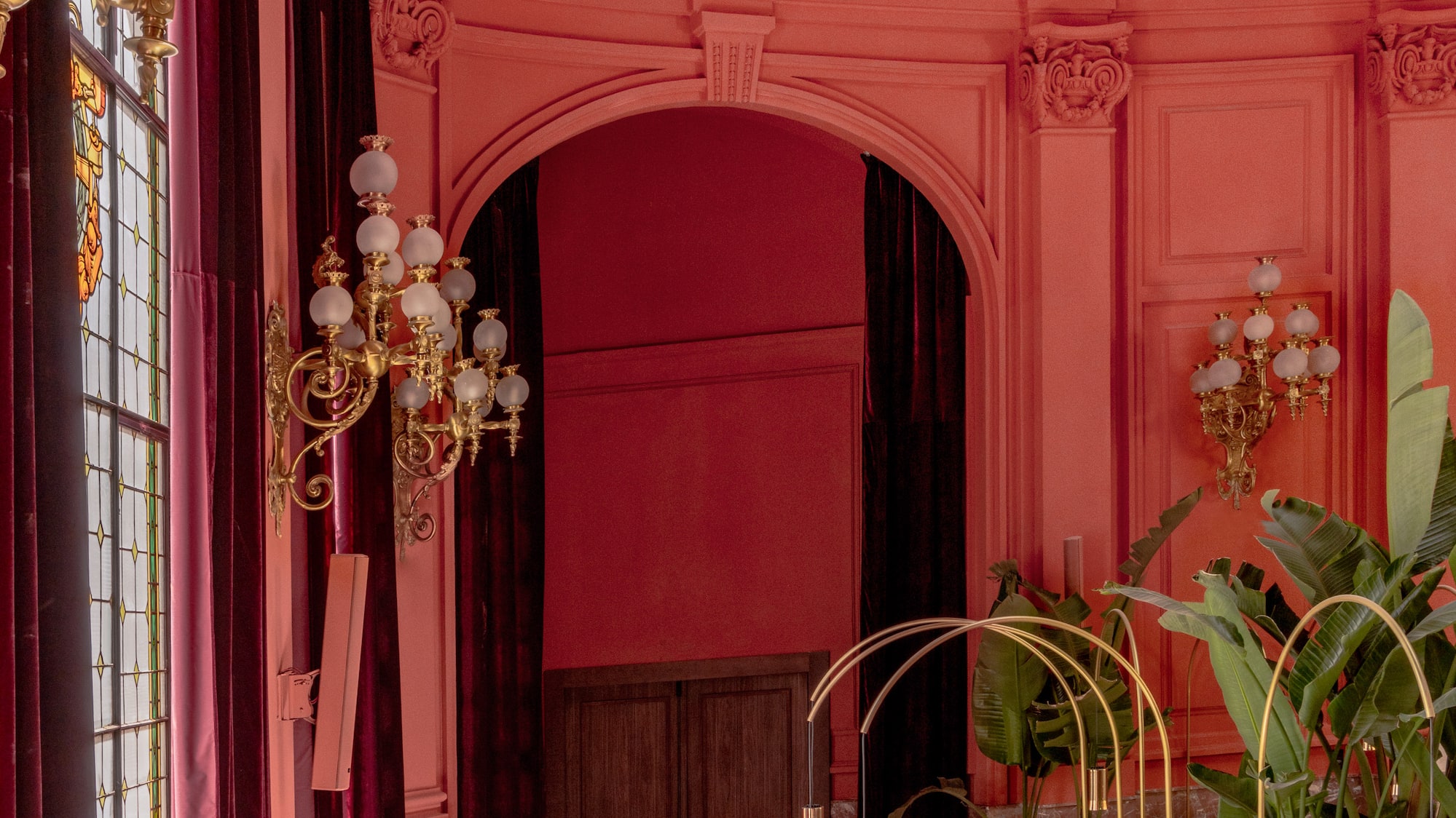 a room with a large ceiling and a couch