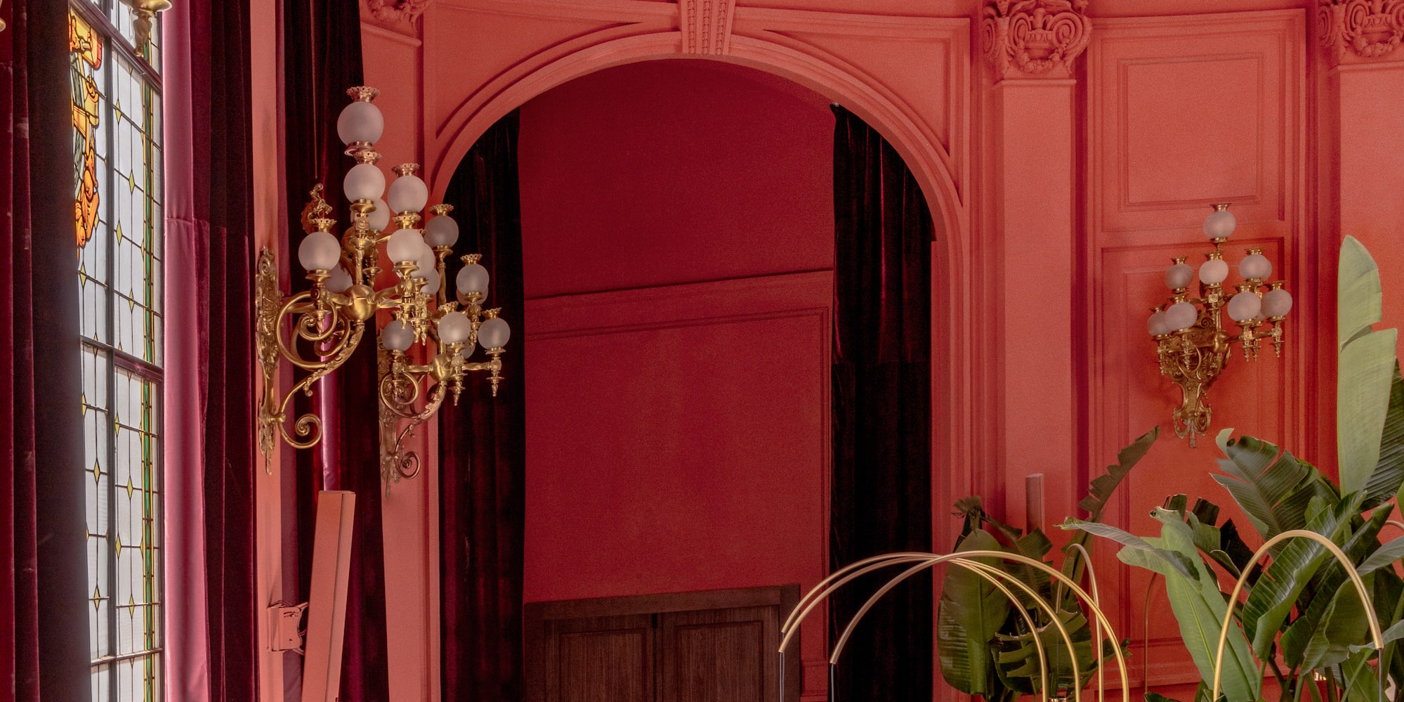 a room with a large ceiling and a couch