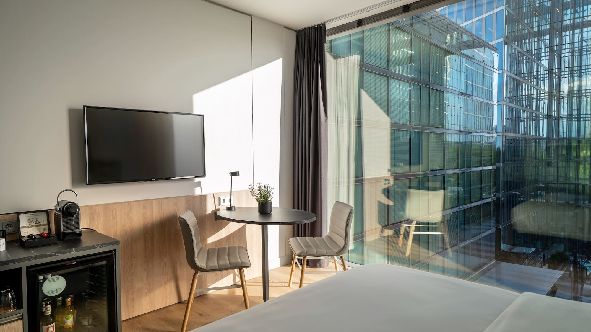 a room with a television and a table