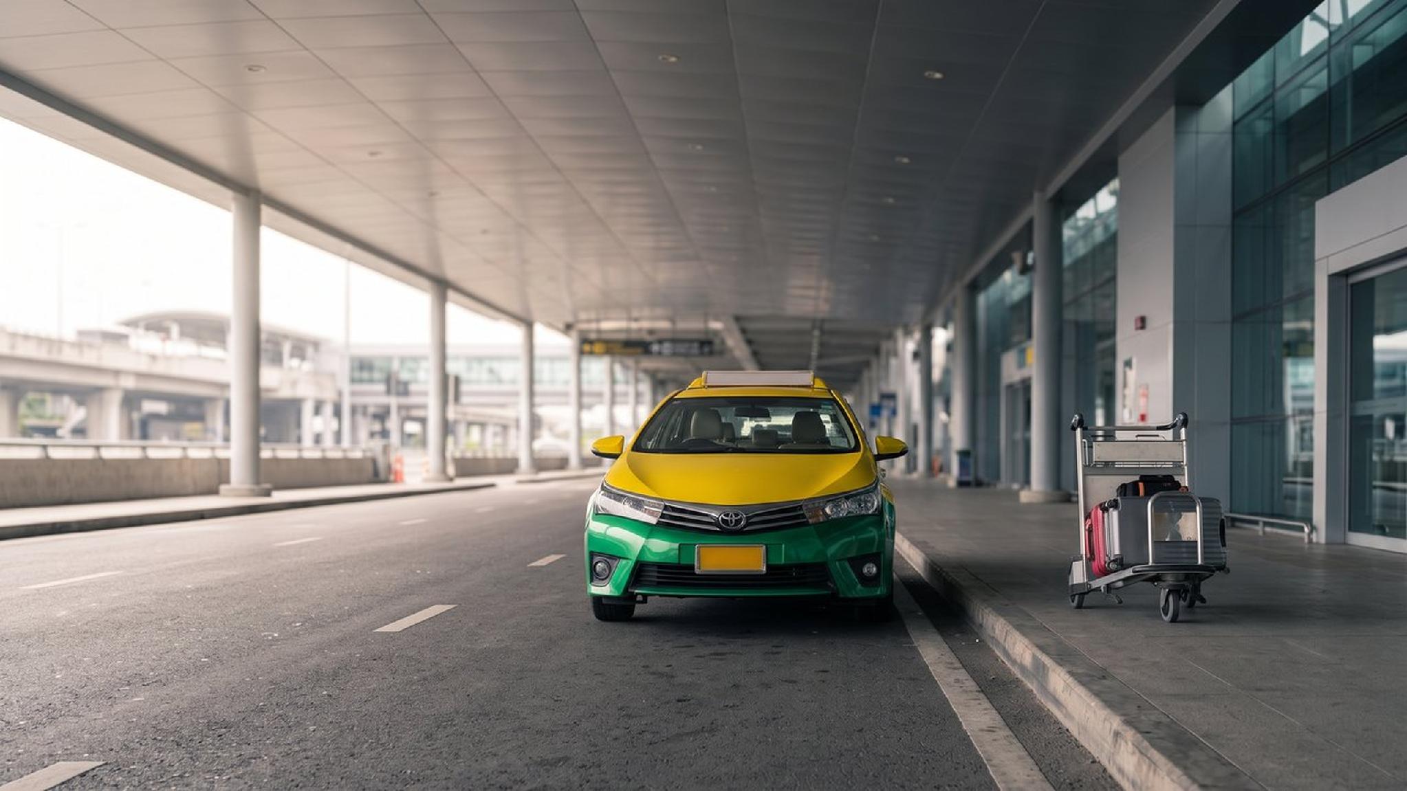 Yellow and green taxi car parked at an airport terminal with luggage cart.
