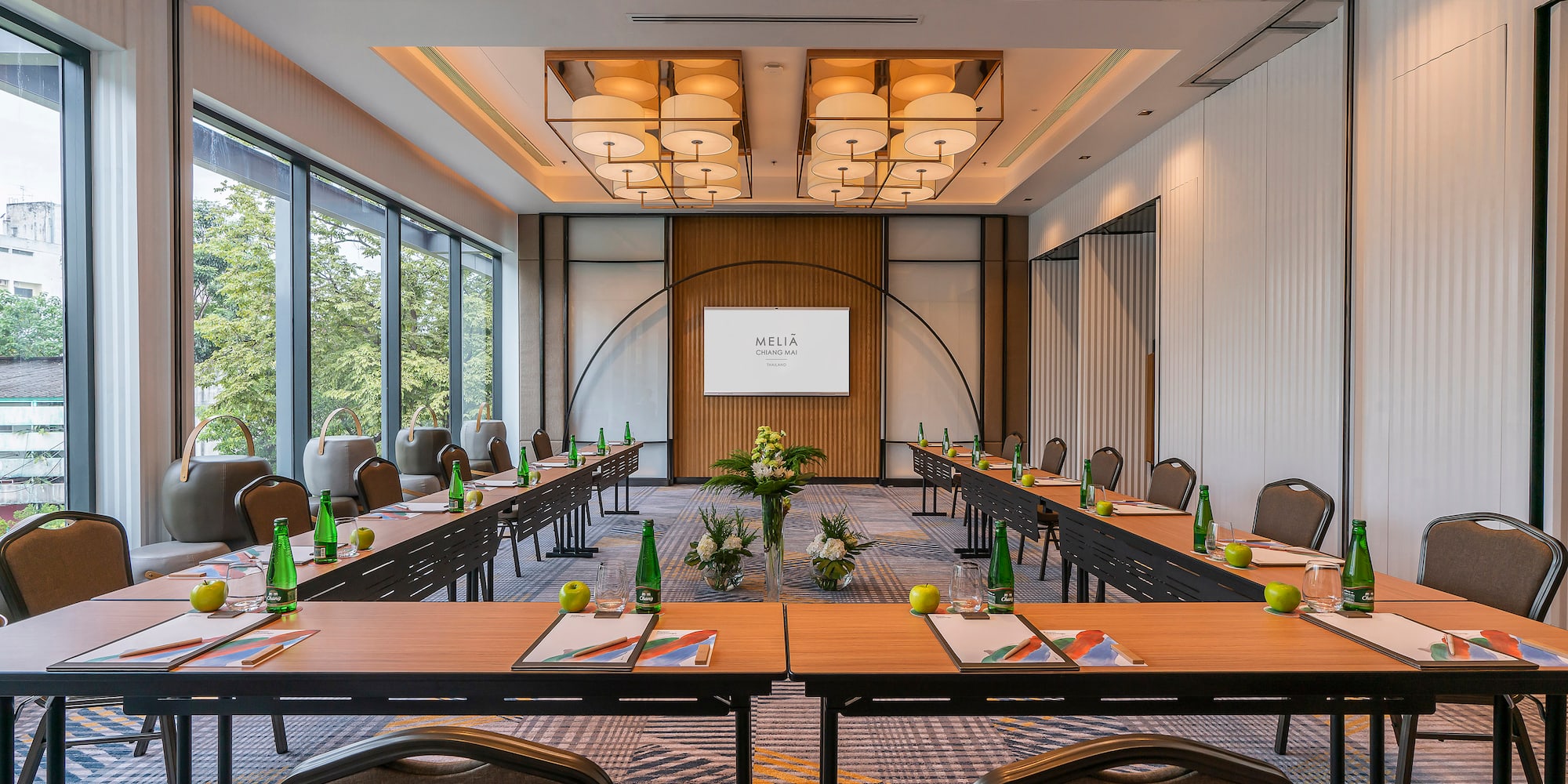 a room with tables and chairs