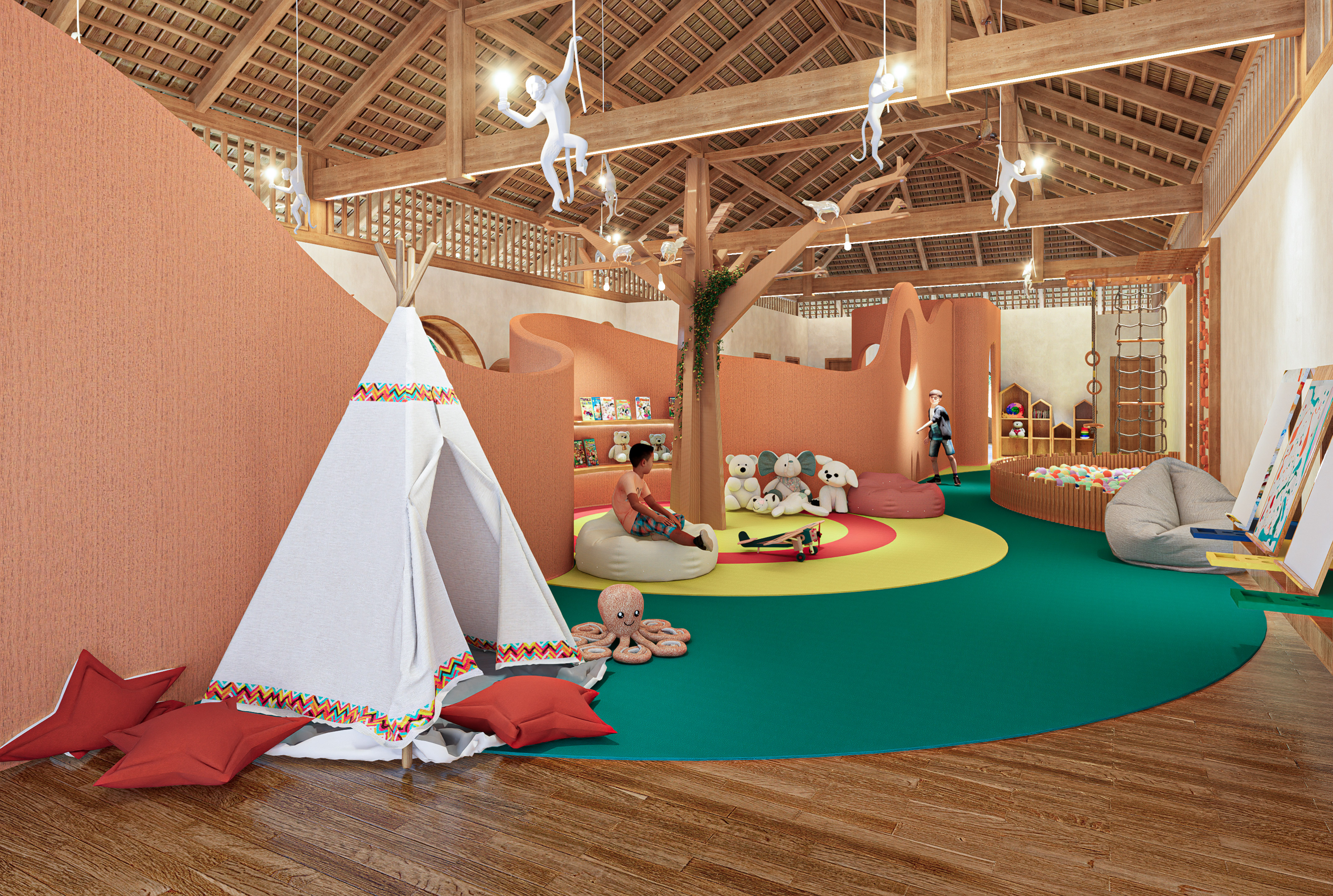a room with a play area and a teepee