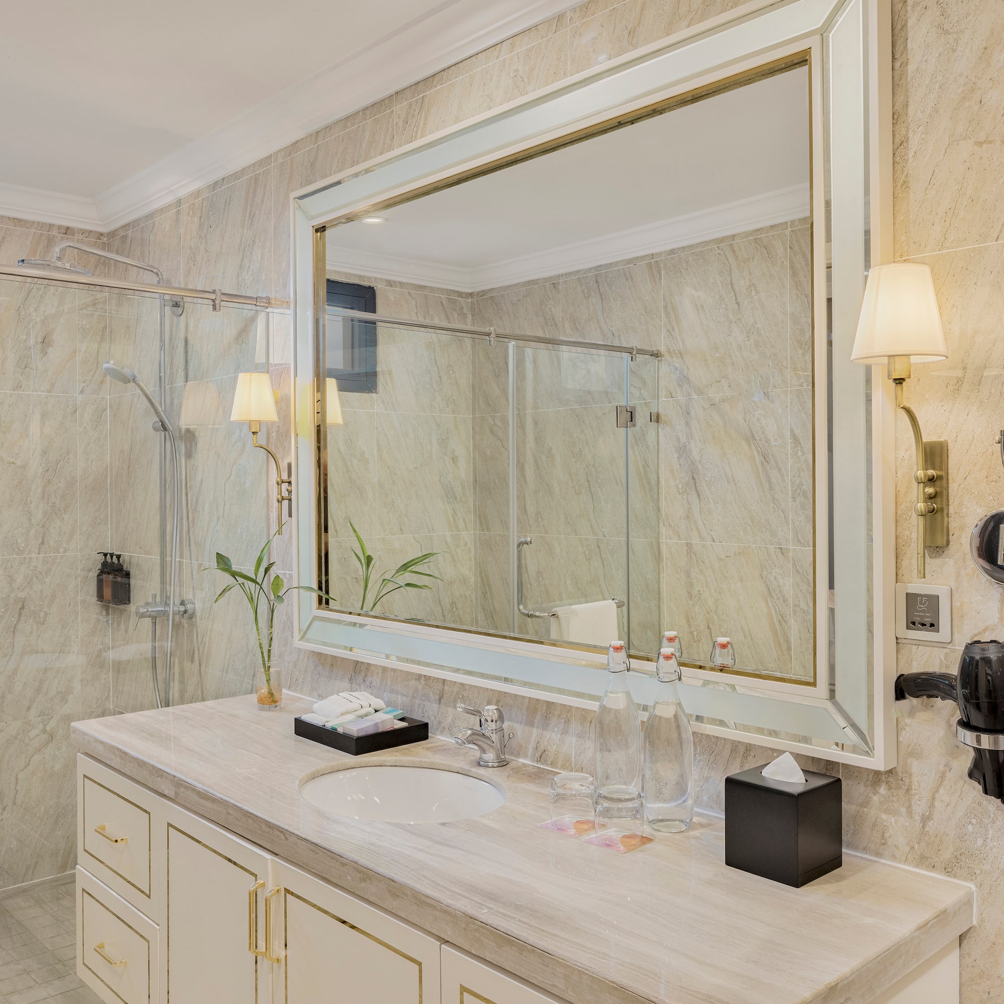 a bathroom with a large mirror