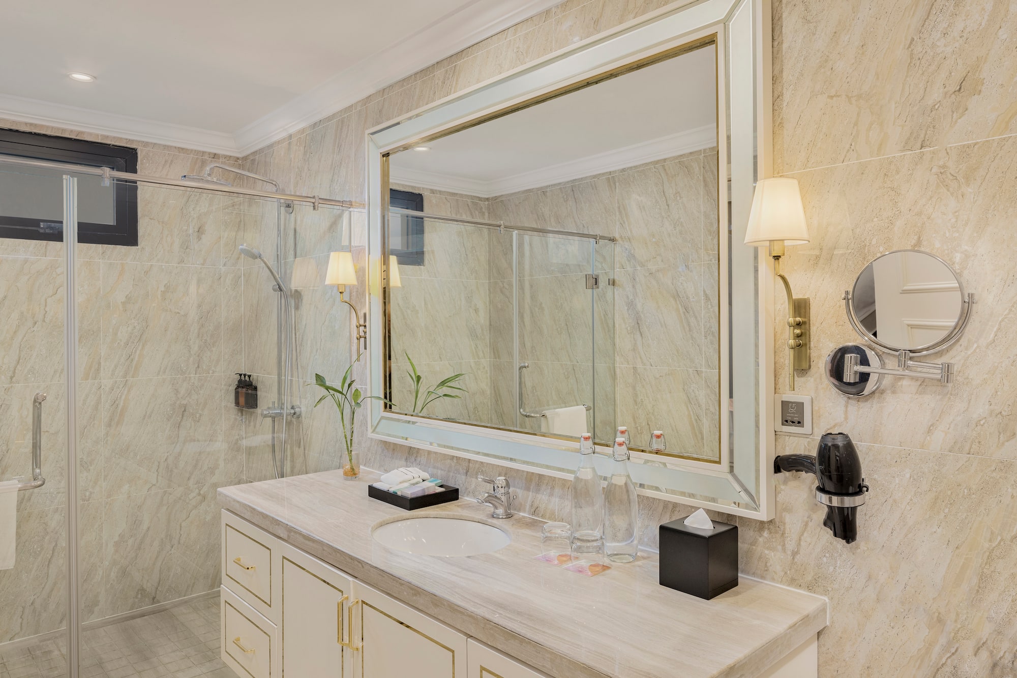 a bathroom with a large mirror
