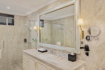 a bathroom with a large mirror