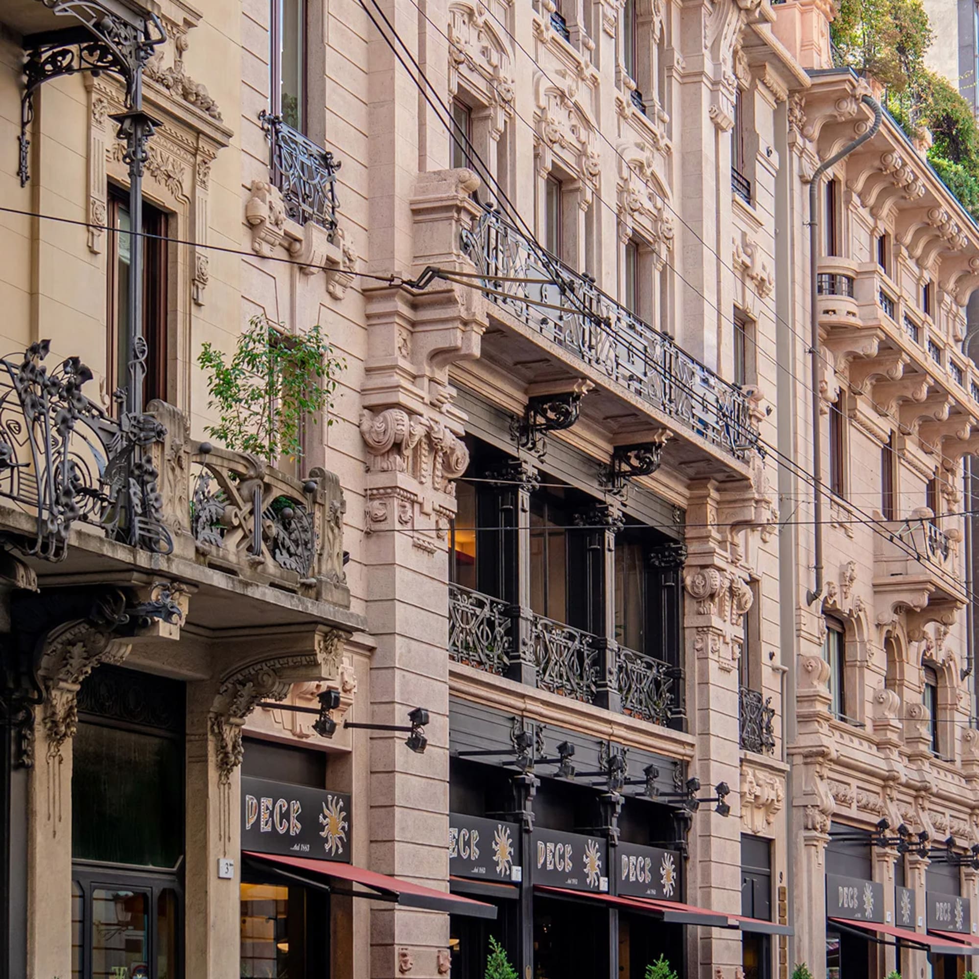 a row of buildings with a balcony