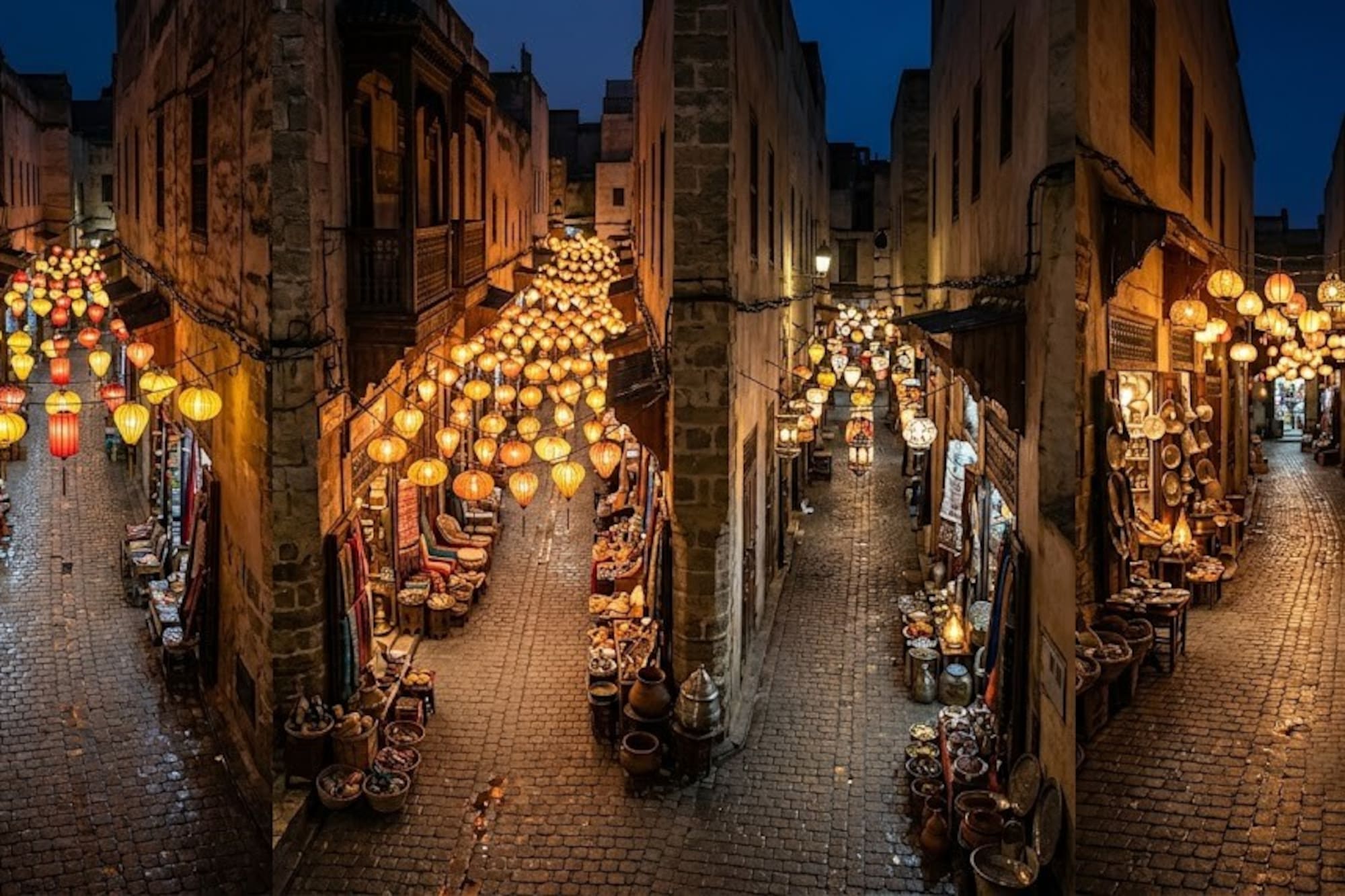 Moroccan medina street at night, adorned with glowing lanterns and market stalls.