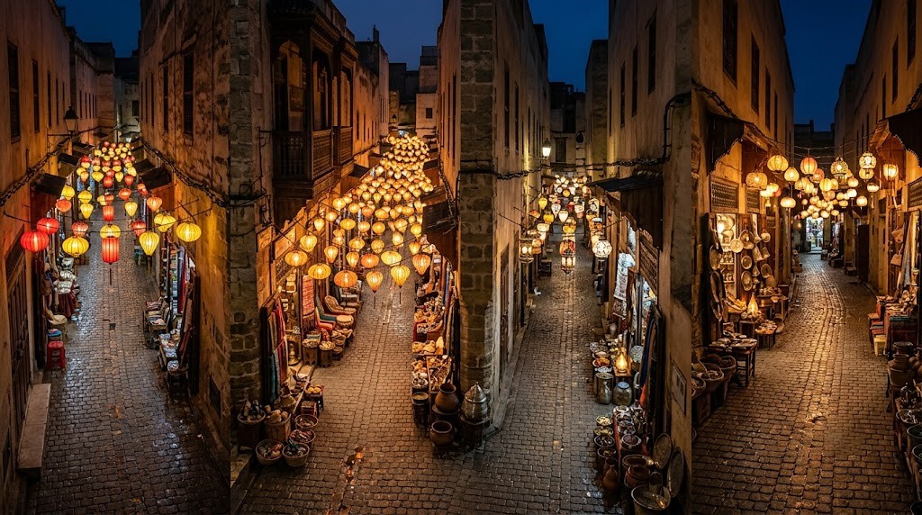 Moroccan medina street at night, adorned with glowing lanterns and market stalls.