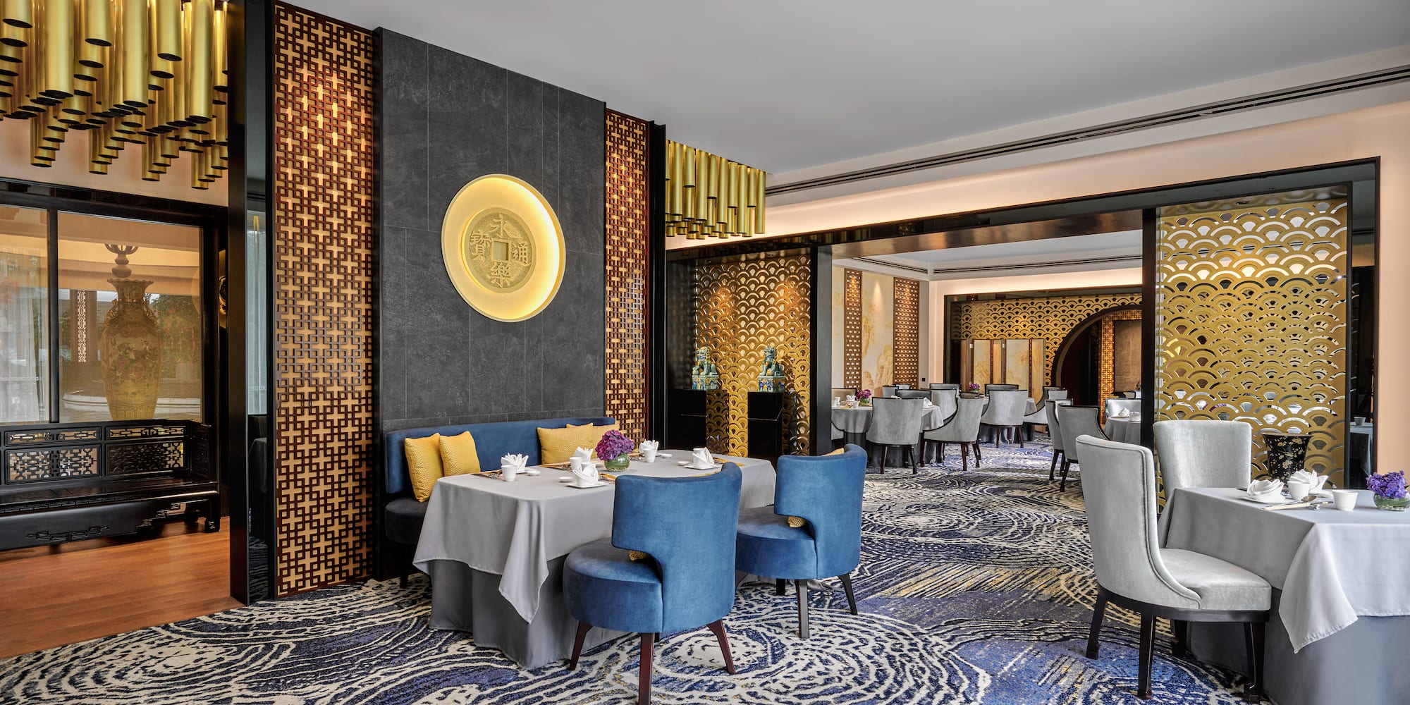 a room with tables and chairs