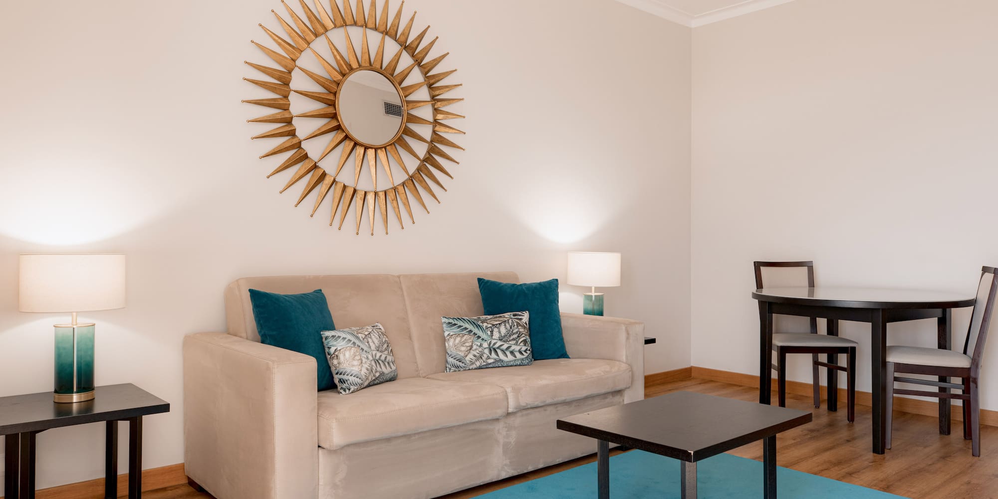 a living room with a couch and table