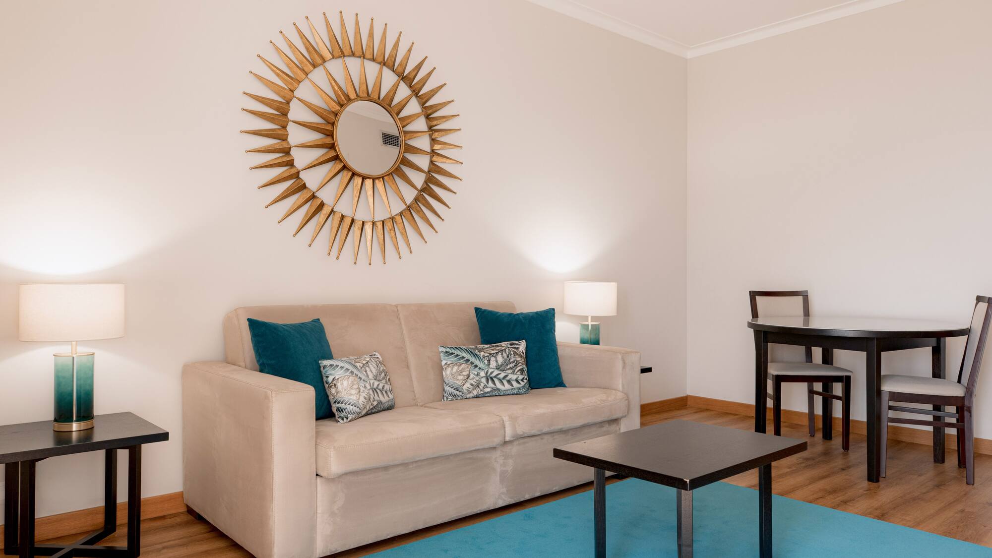 a living room with a couch and table