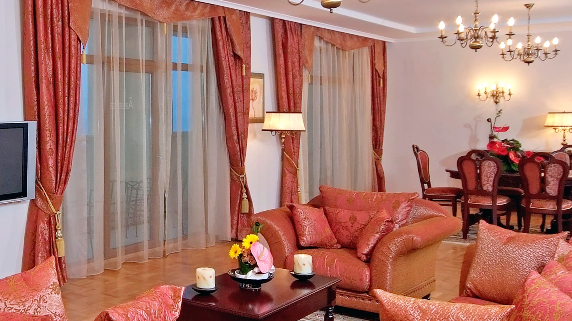 a living room with a couch and a table