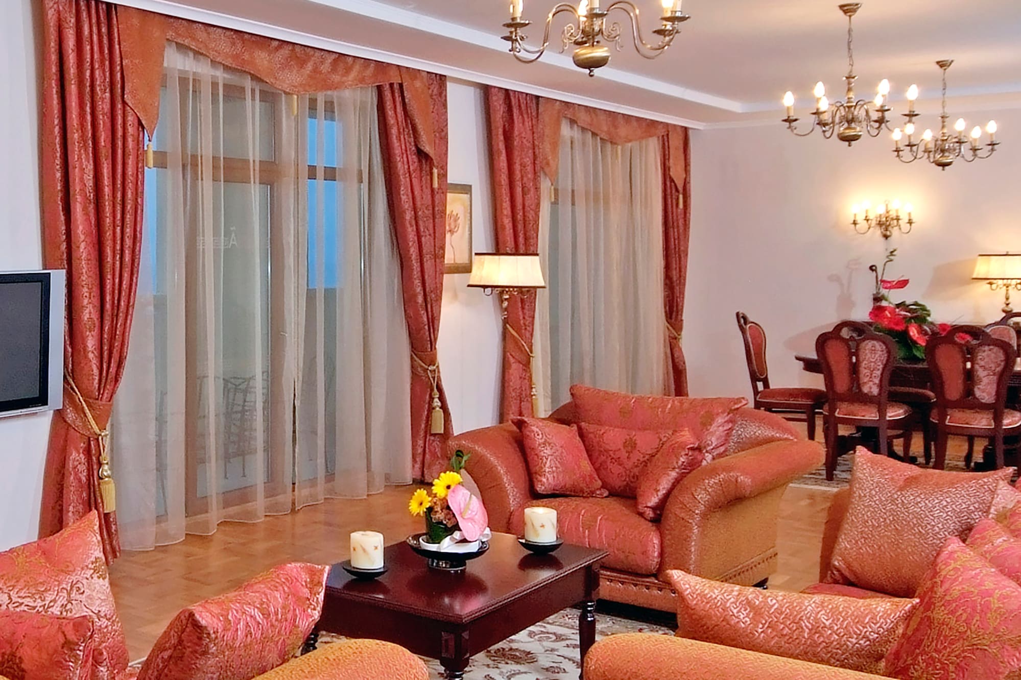 a living room with a couch and a table