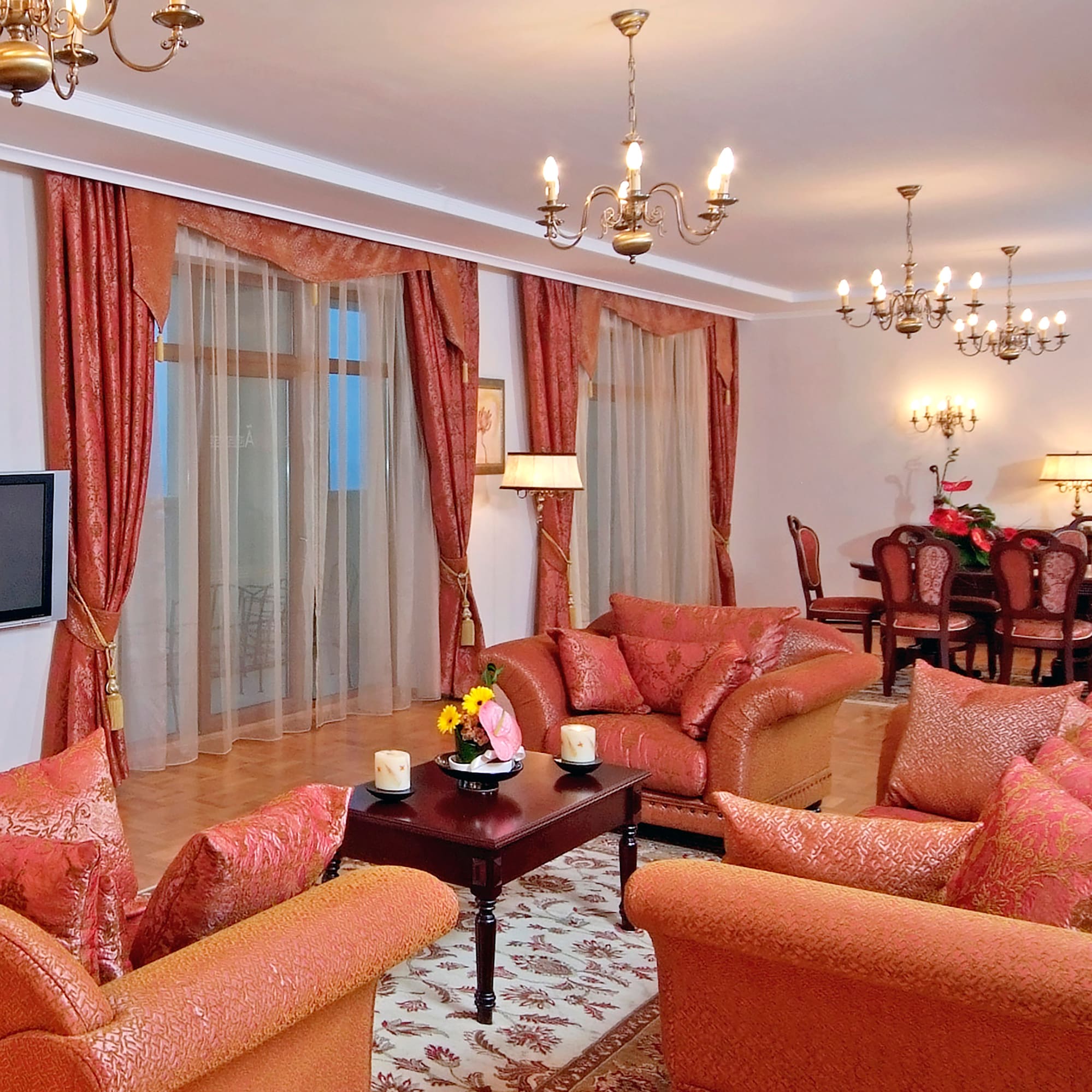 a living room with a couch and a table