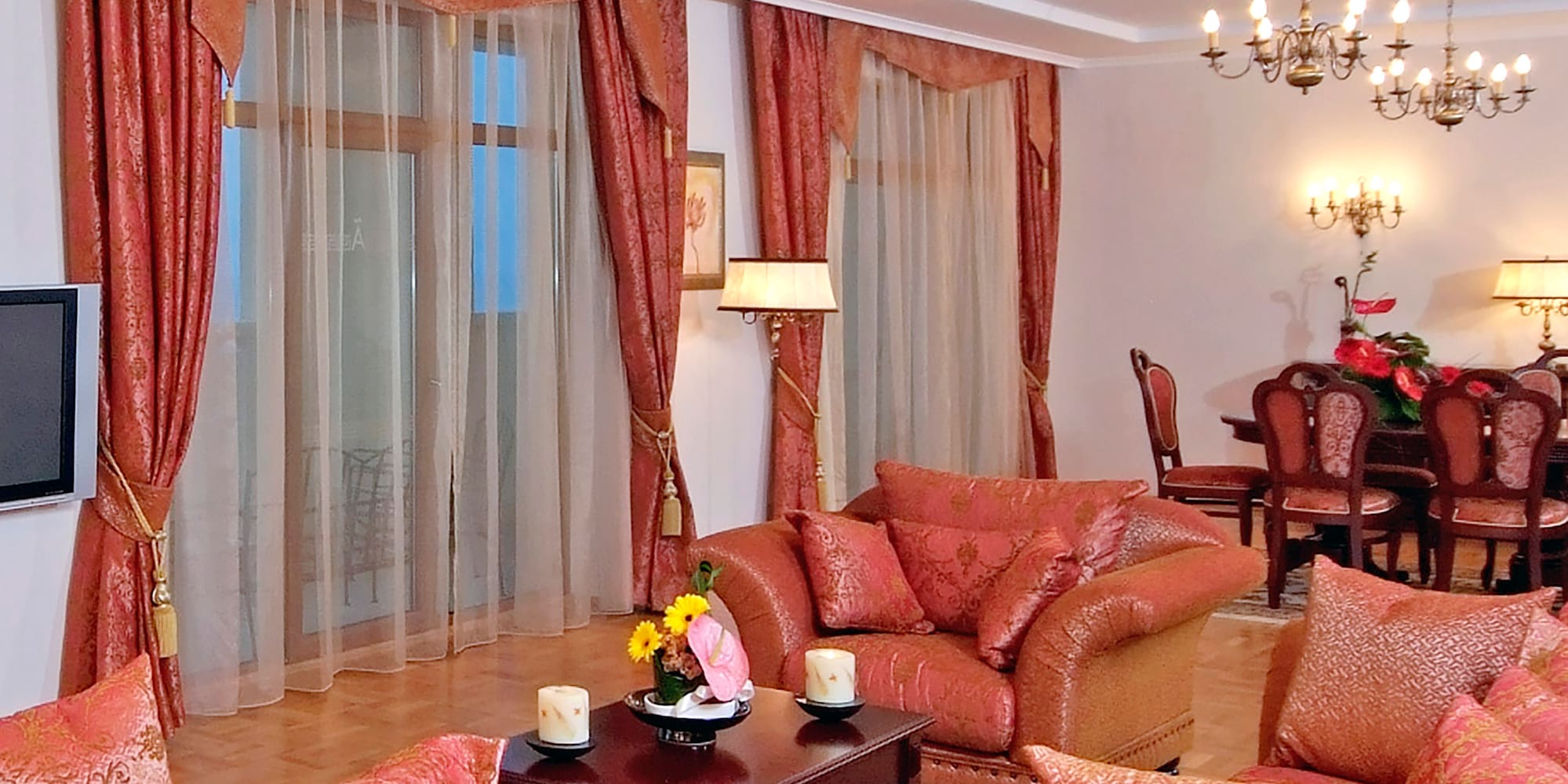 a living room with a couch and a table