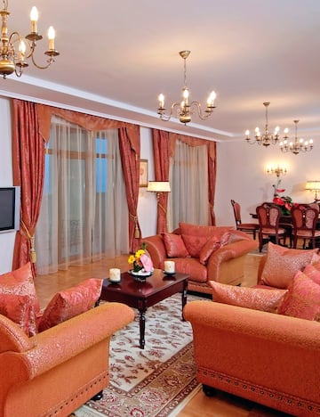 a living room with a couch and a table
