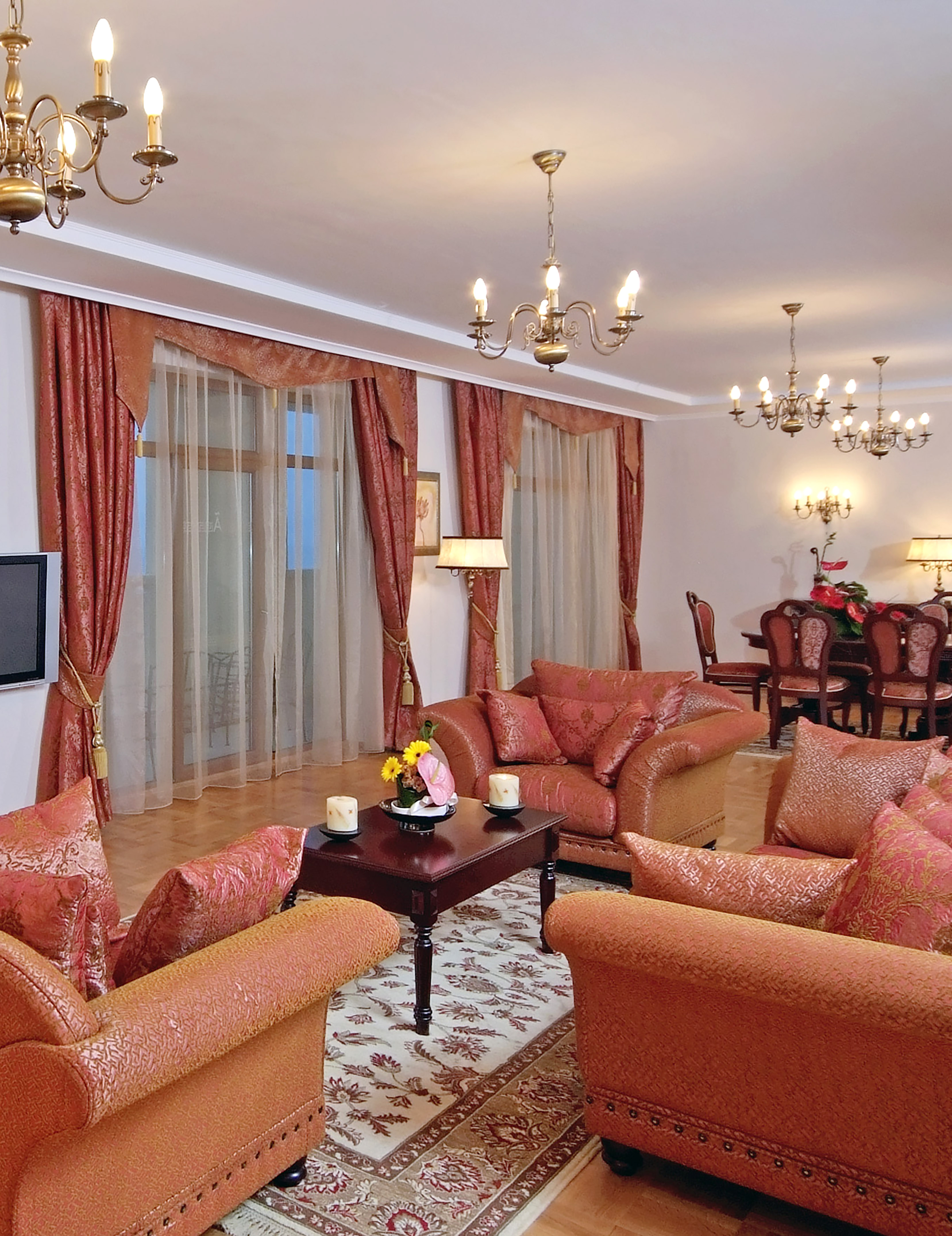 a living room with a couch and a table