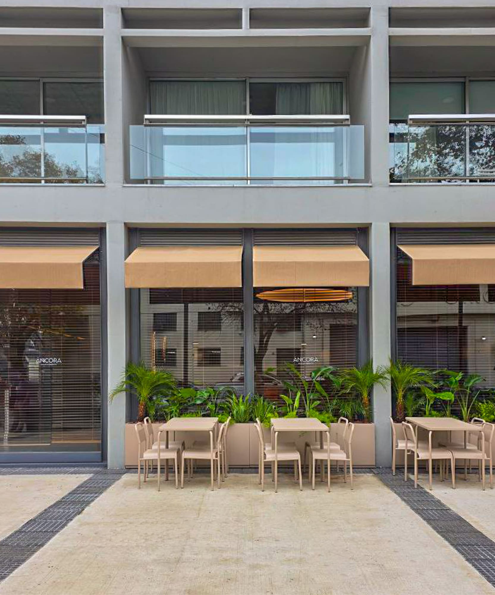 a building with tables and chairs