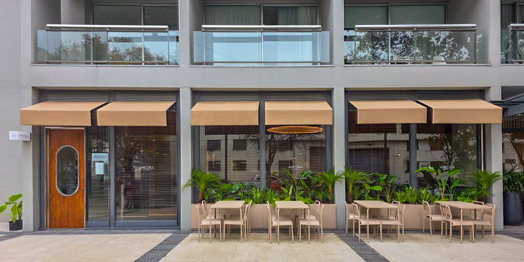 a building with tables and chairs