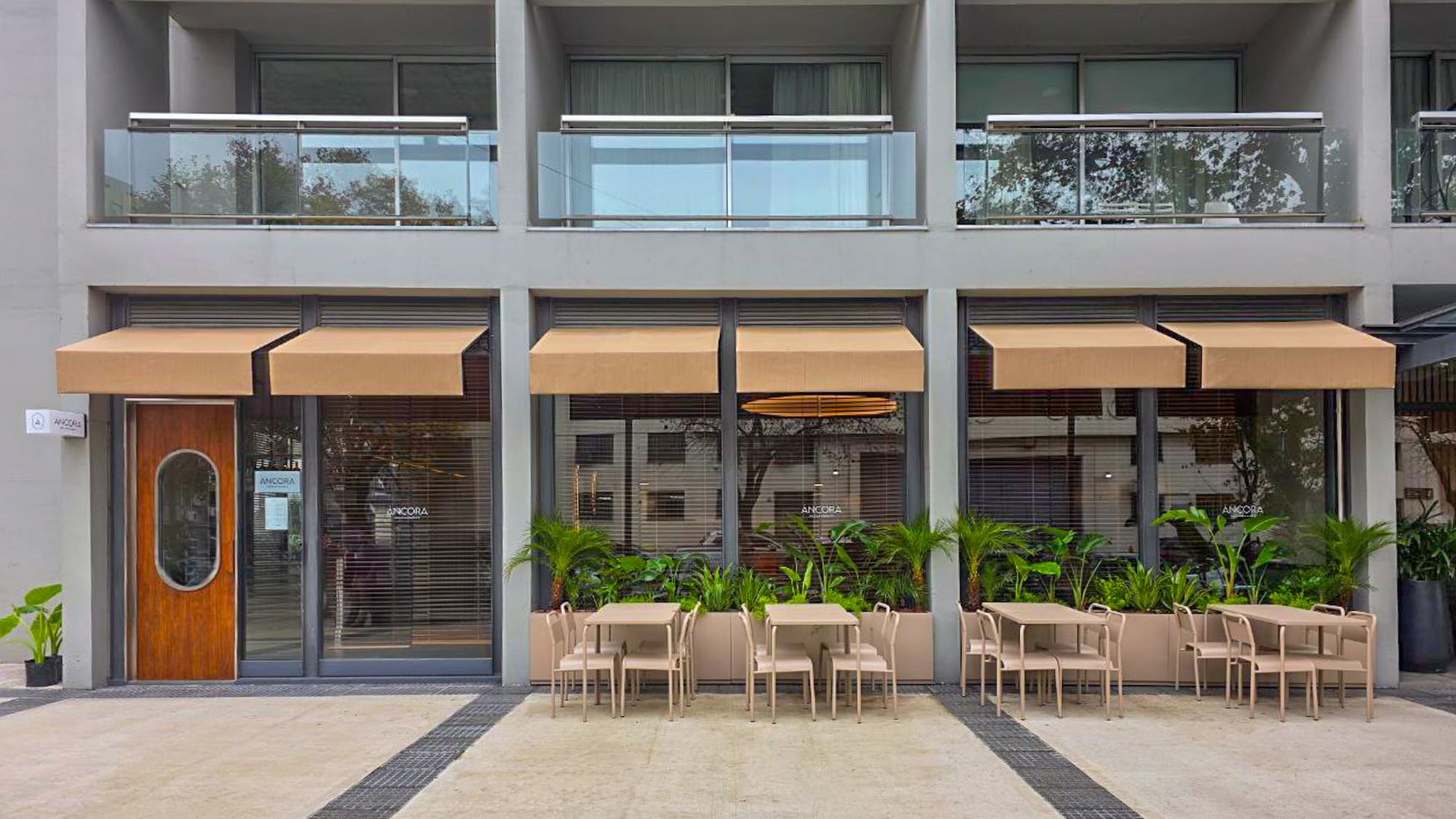 a building with tables and chairs