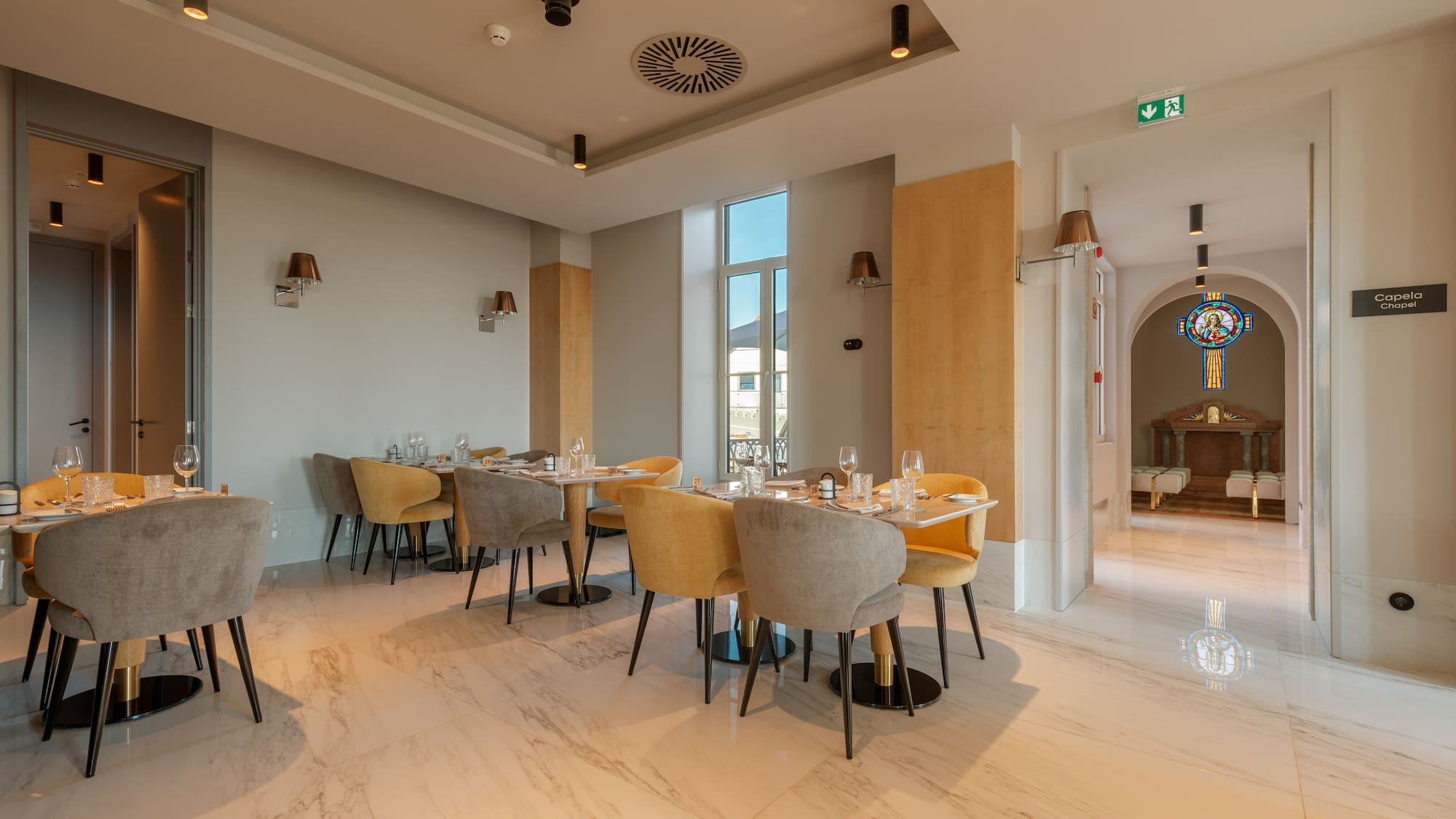 a room with tables and chairs