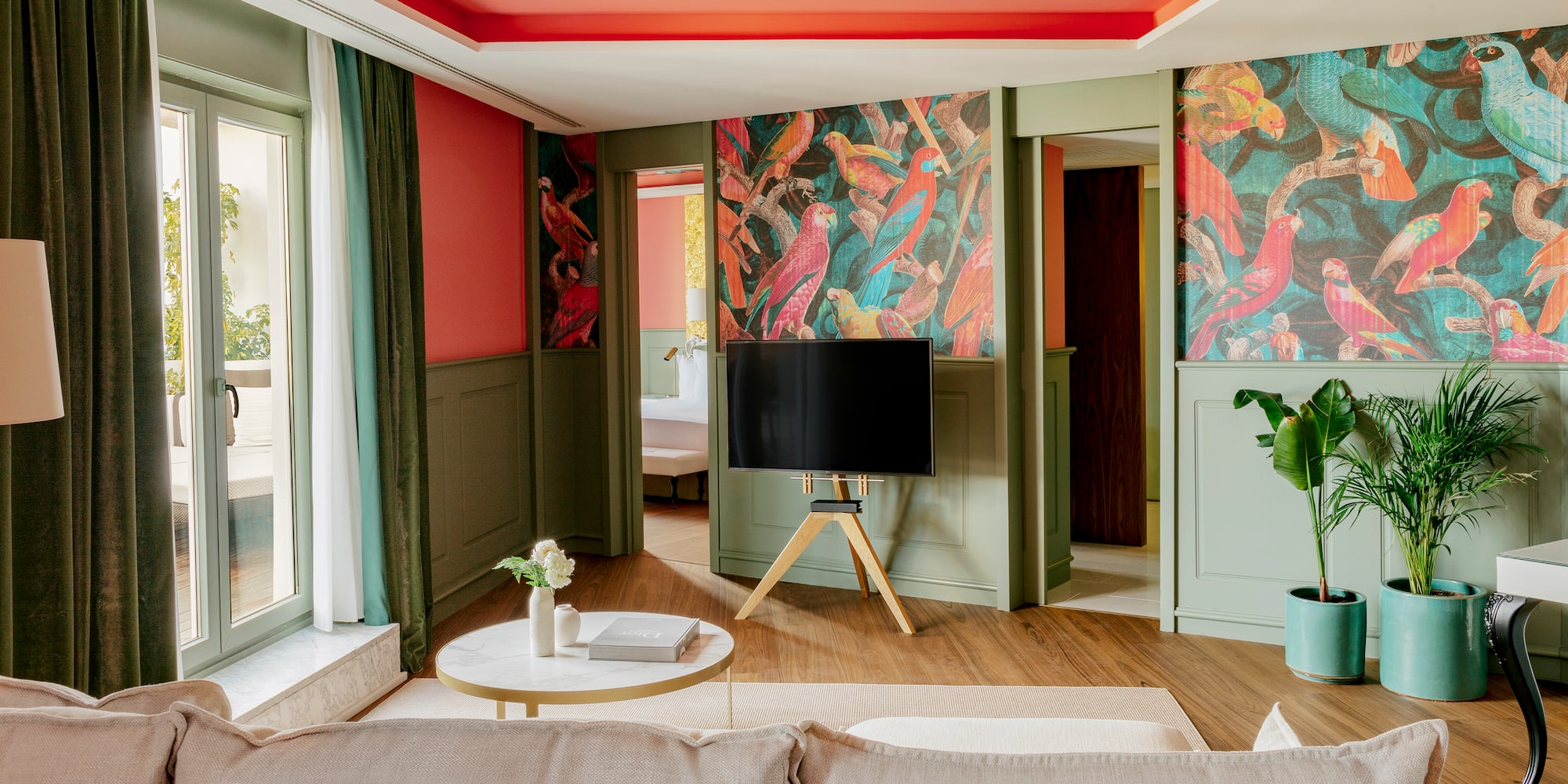 a living room with a tv and a table