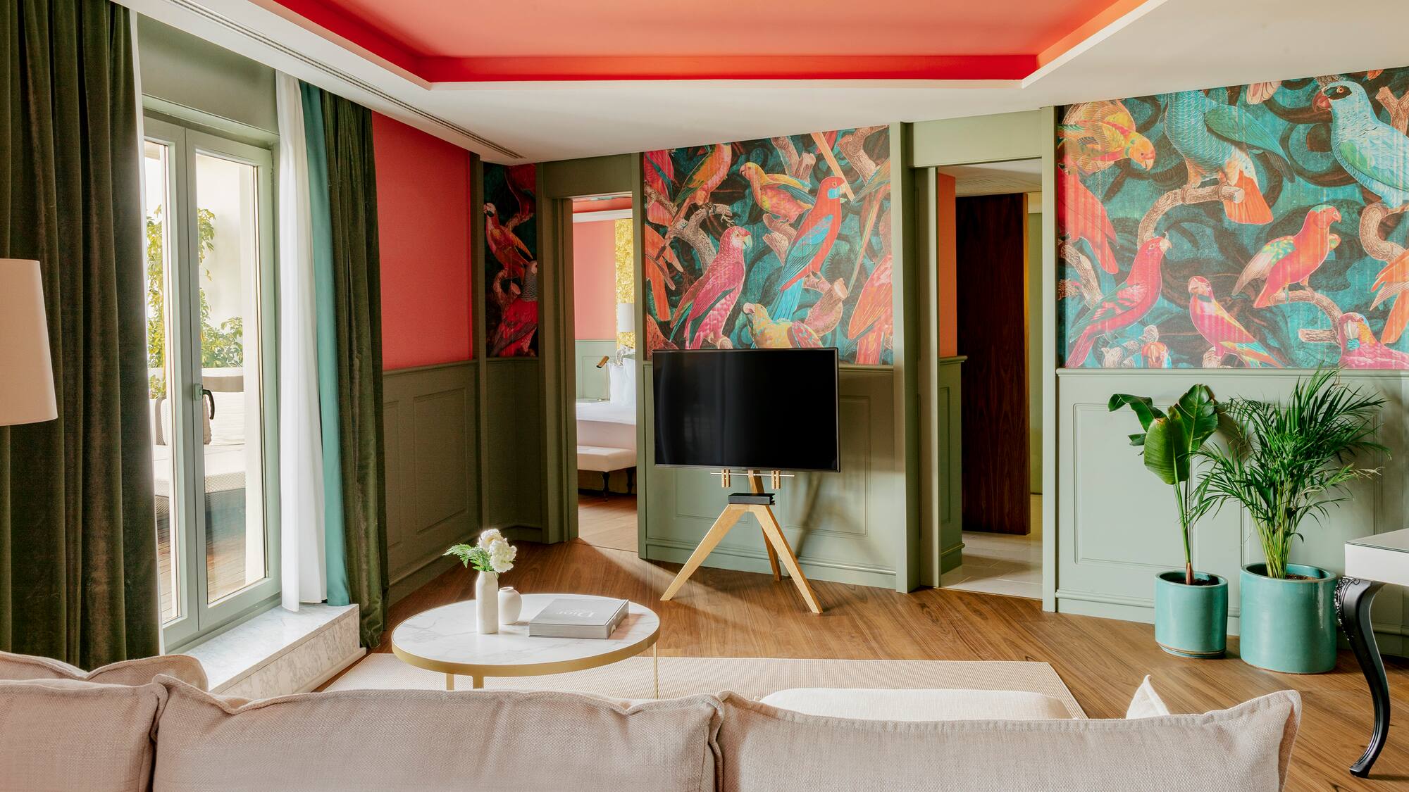 a living room with a tv and a table