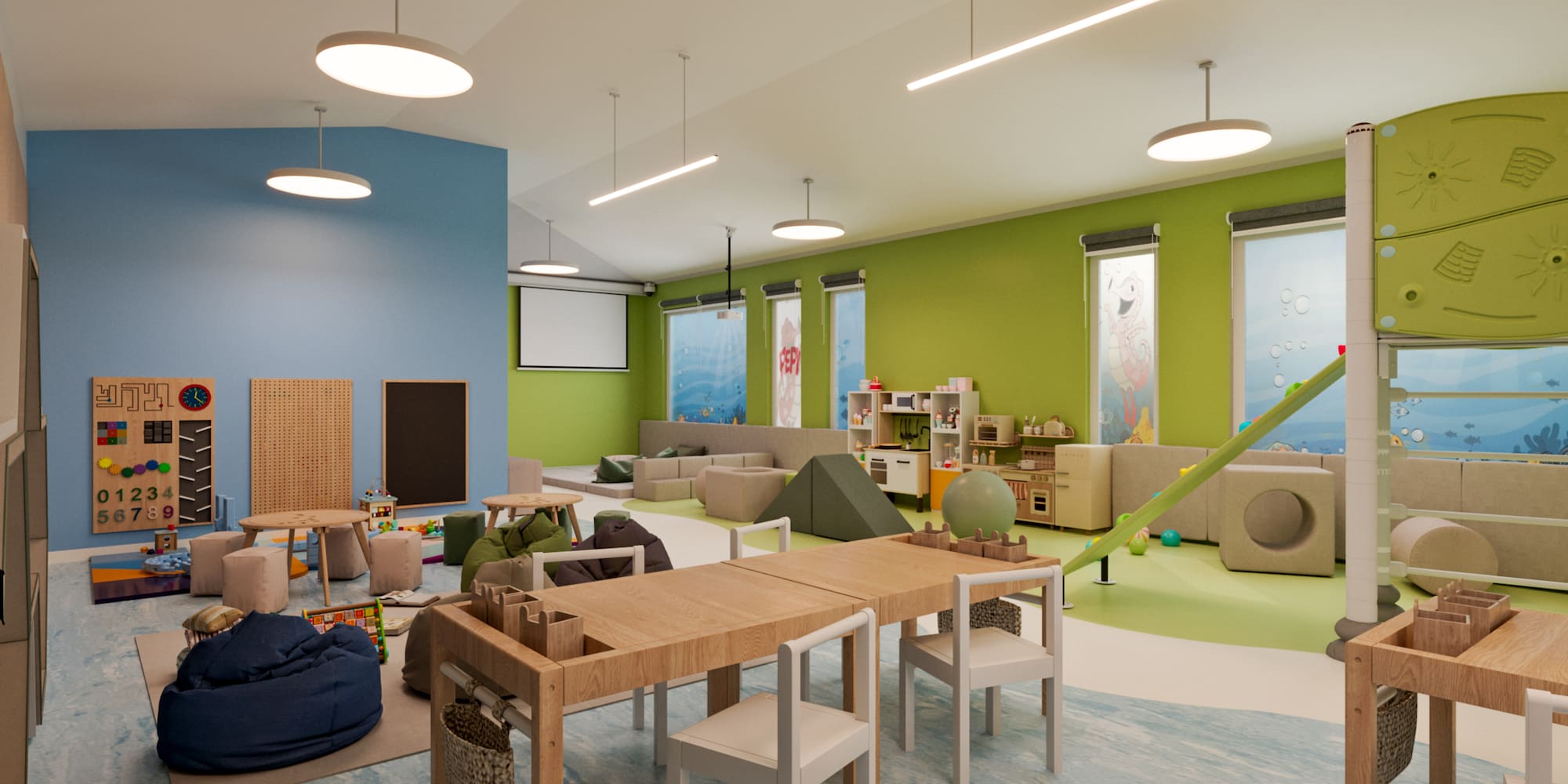 a room with a table and chairs